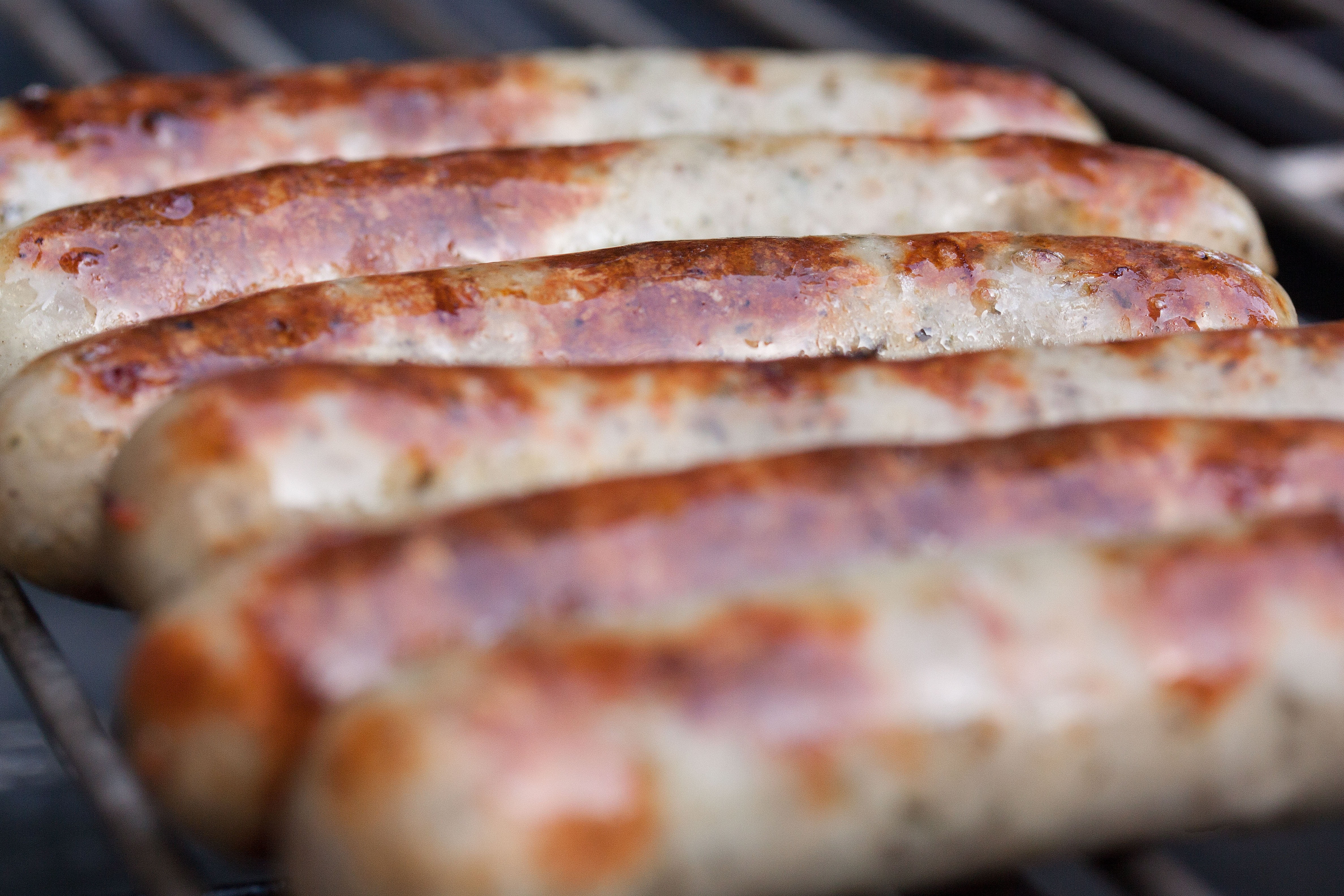 barbecue, no people, cooking, 4K, indoors, grill sausages, freshness, grilled, baked, barbecue Grill, in a row, stainless, roast pork sausage, close-up, HD Wallpaper