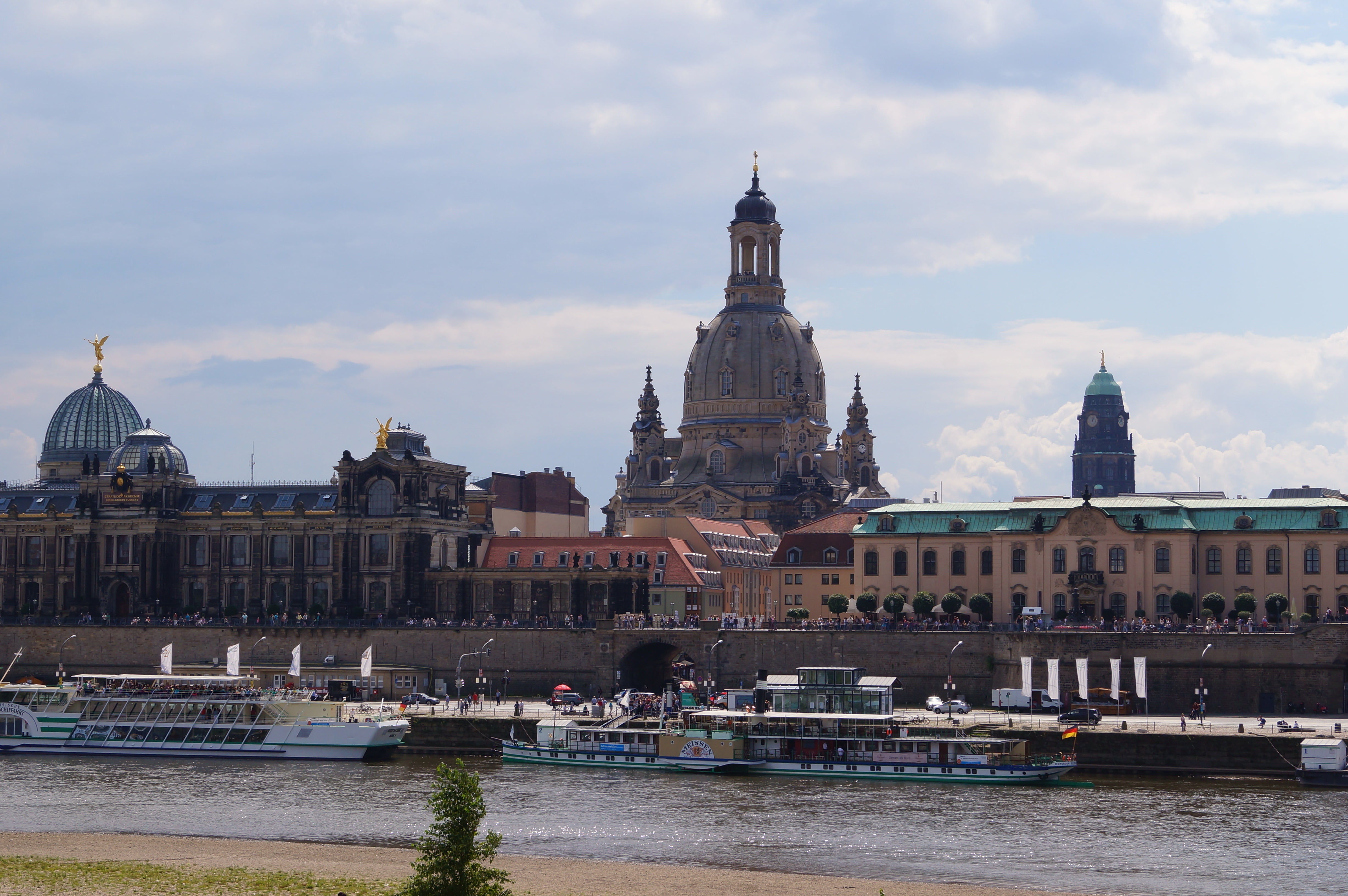 waterfront, building, water, spire, passenger craft, river, nautical vessel, mode of transportation, sky, 4K, frauenkirche, built structure, belief, travel, HD Wallpaper