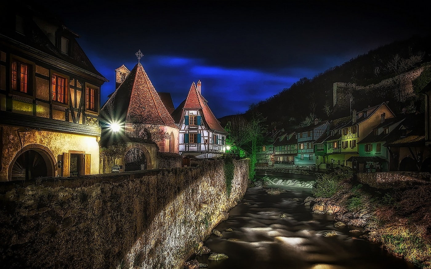 street, building, motion, lights, city, HDR, cloud - sky, building exterior, religion, urban, Kaysersberg, tree, 720P, hills, connection, no people, landscape, HD Wallpaper