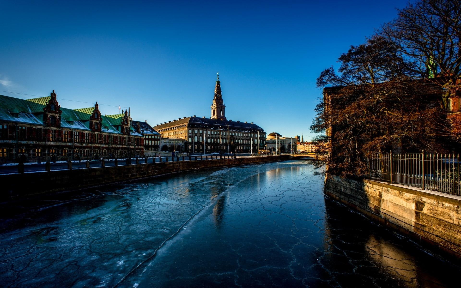 river, 1080P, city, frozen, nature and landscapes, place, christiansborg, copenhagen, palace, HD Wallpaper