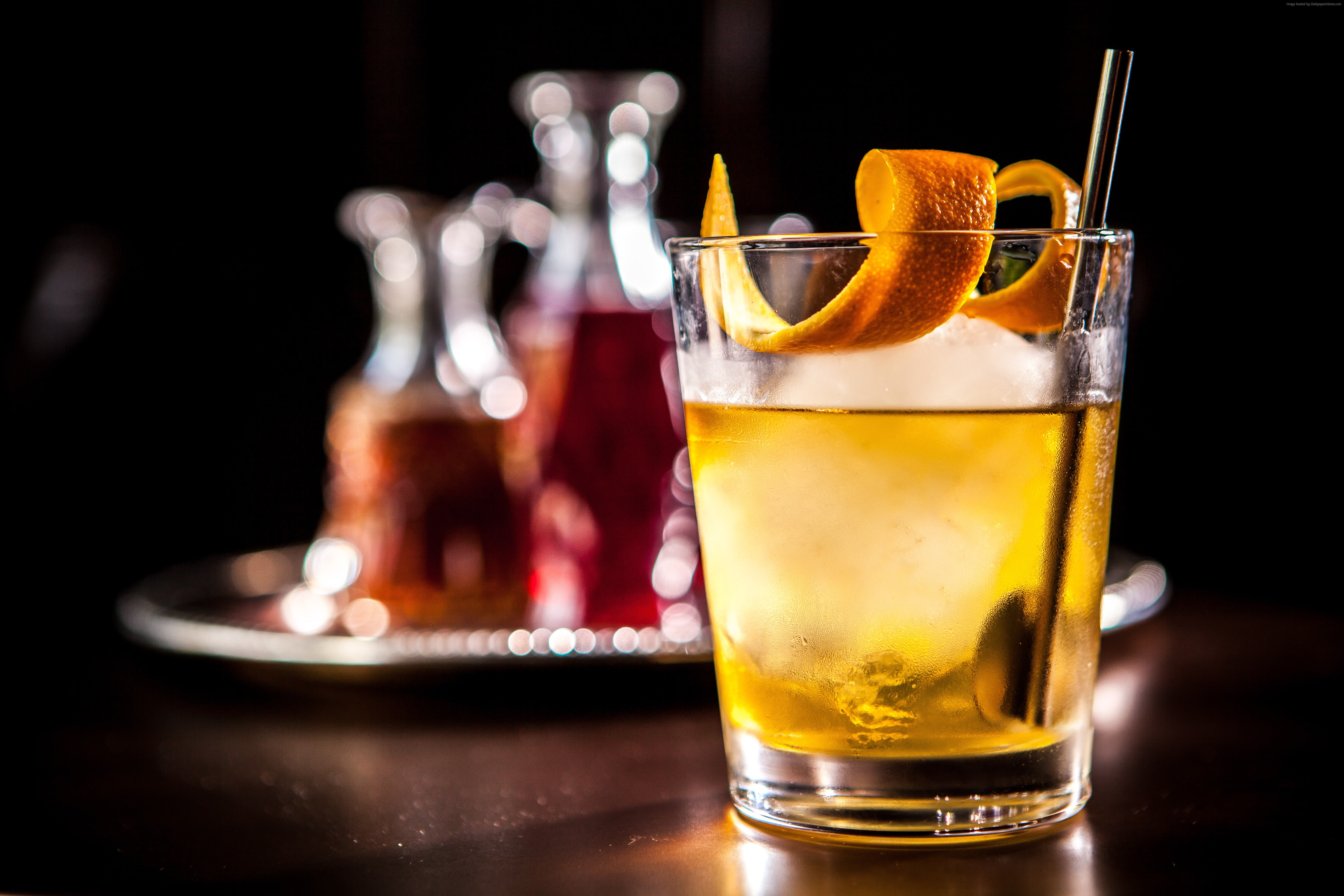 cocktails, orange, 5K, ice, whiskey, HD Wallpaper