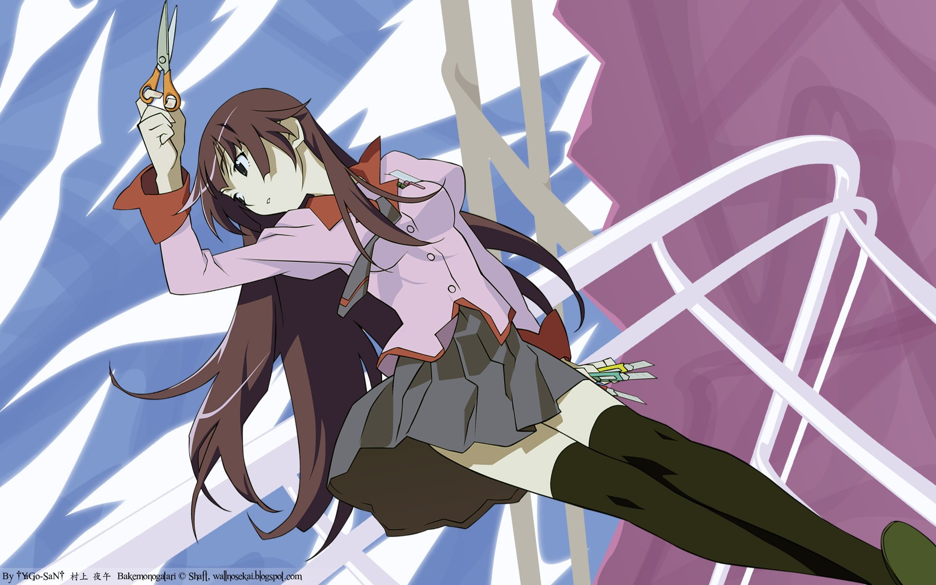 representation, anime girls, blue, 1080P, arts culture and entertainment, no people, protection, Senjougahara Hitagi, outdoors, wind, creativity, close-up, HD Wallpaper