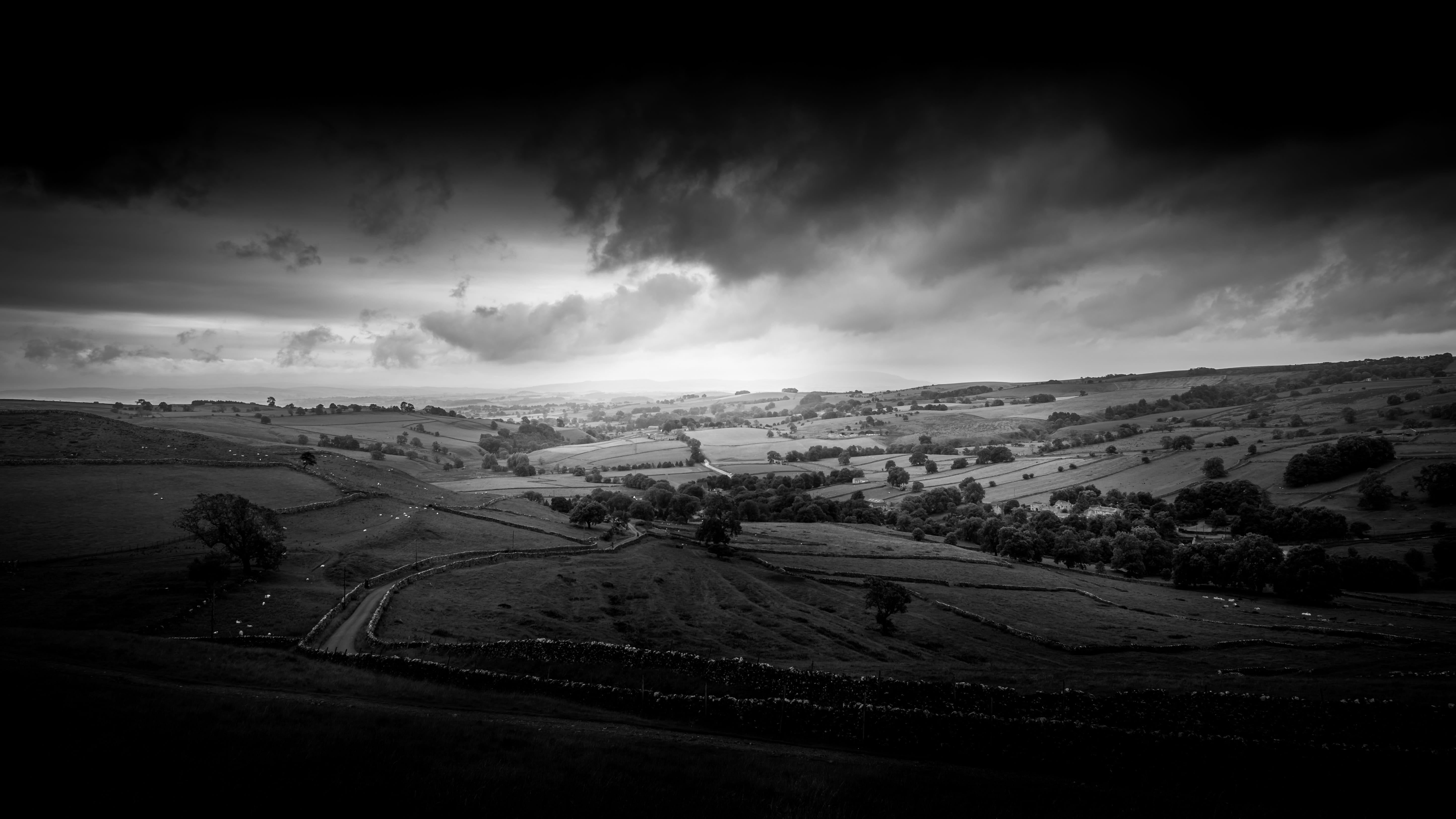 england, Black And White, road, beauty in nature, white, uk, summer, architecture, scenery, black white, hills, agriculture, car, mode of transportation, HD Wallpaper