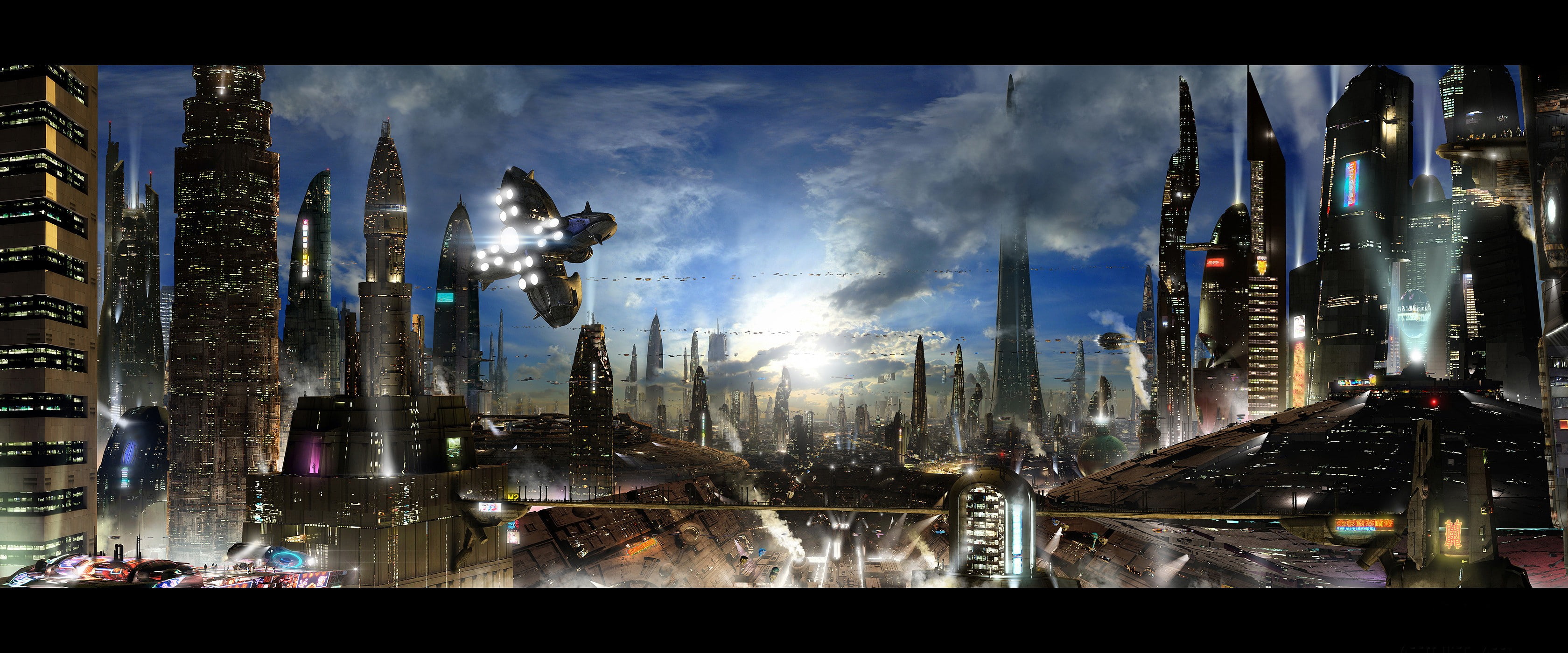 futuristic, science fiction, futuristic city, digital art, spaceship, 2K, HD Wallpaper