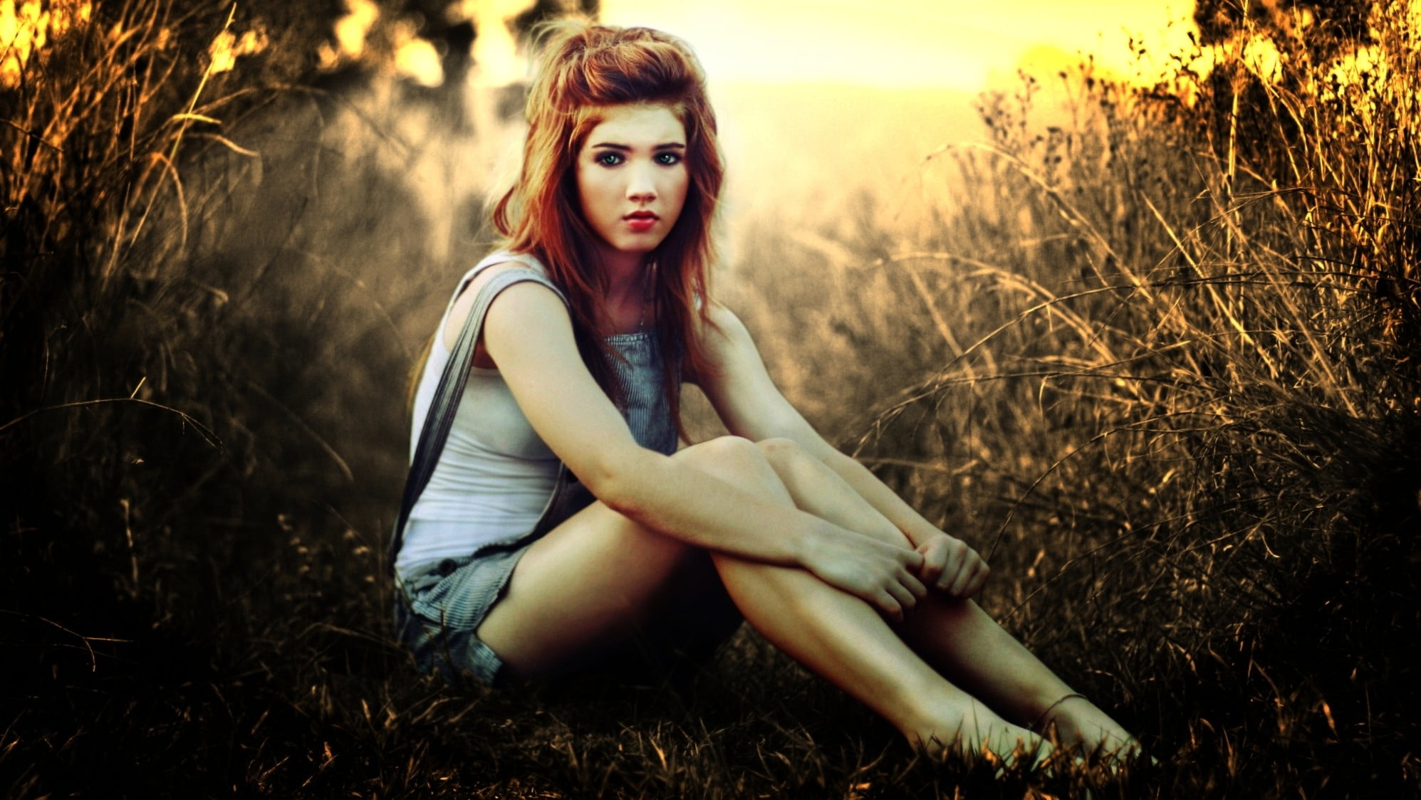 white, looking at camera, nature, photo manipulation, young women, fashion, model, lifestyles, shorts, denim, one person, land, women, depression - sadness, HD Wallpaper