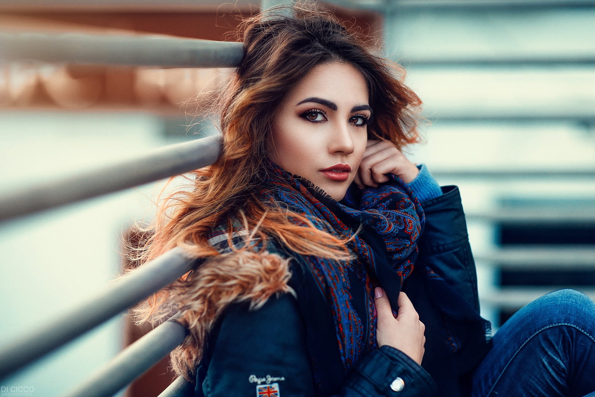 brown eyes, jacket, long hair, looking at viewer, Sweet Ary, 1080P, lipstick, makeup, scarf, Alessandro Di Cicco, women, winter, jeans, blush, wavy hair, HD Wallpaper