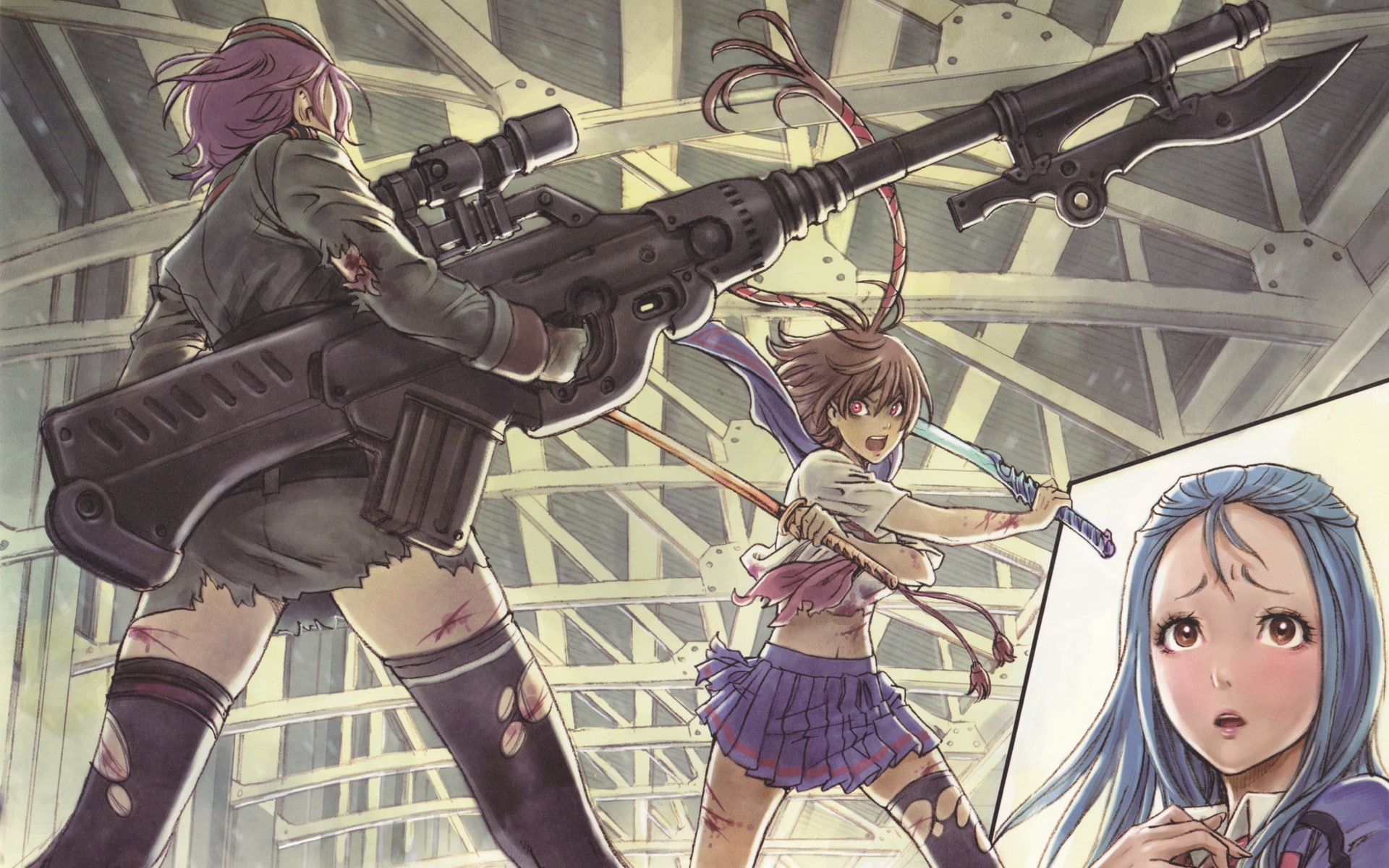 weapon, clothes, sword, 1080P, gun, yamashita, blood, shunya, torn, original, HD Wallpaper