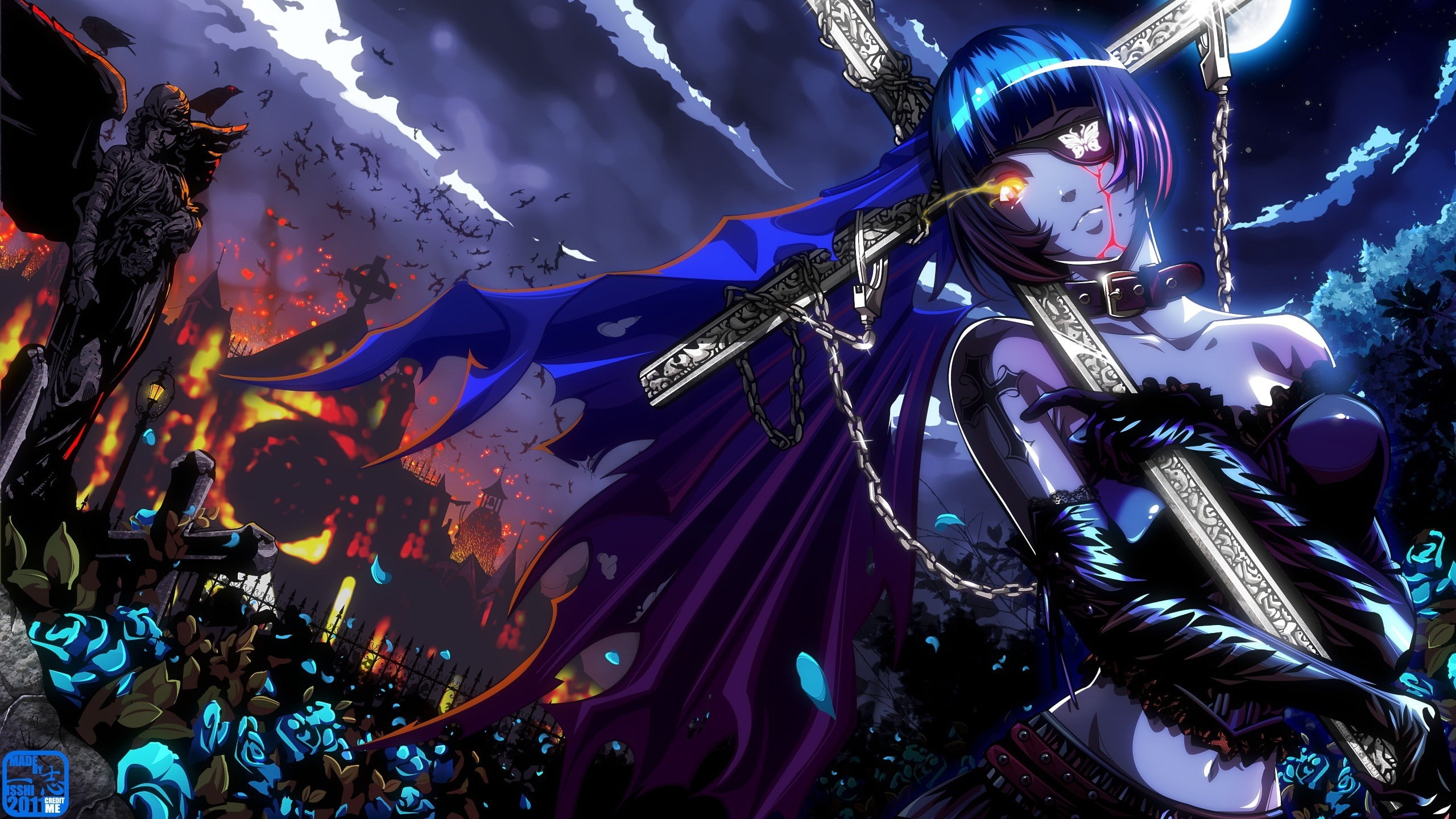 x, girls, art, ryomou, Moon, 2K, tousen, Ikki Tousen, space, shimei, moons, hd, anime, ikki, HD Wallpaper
