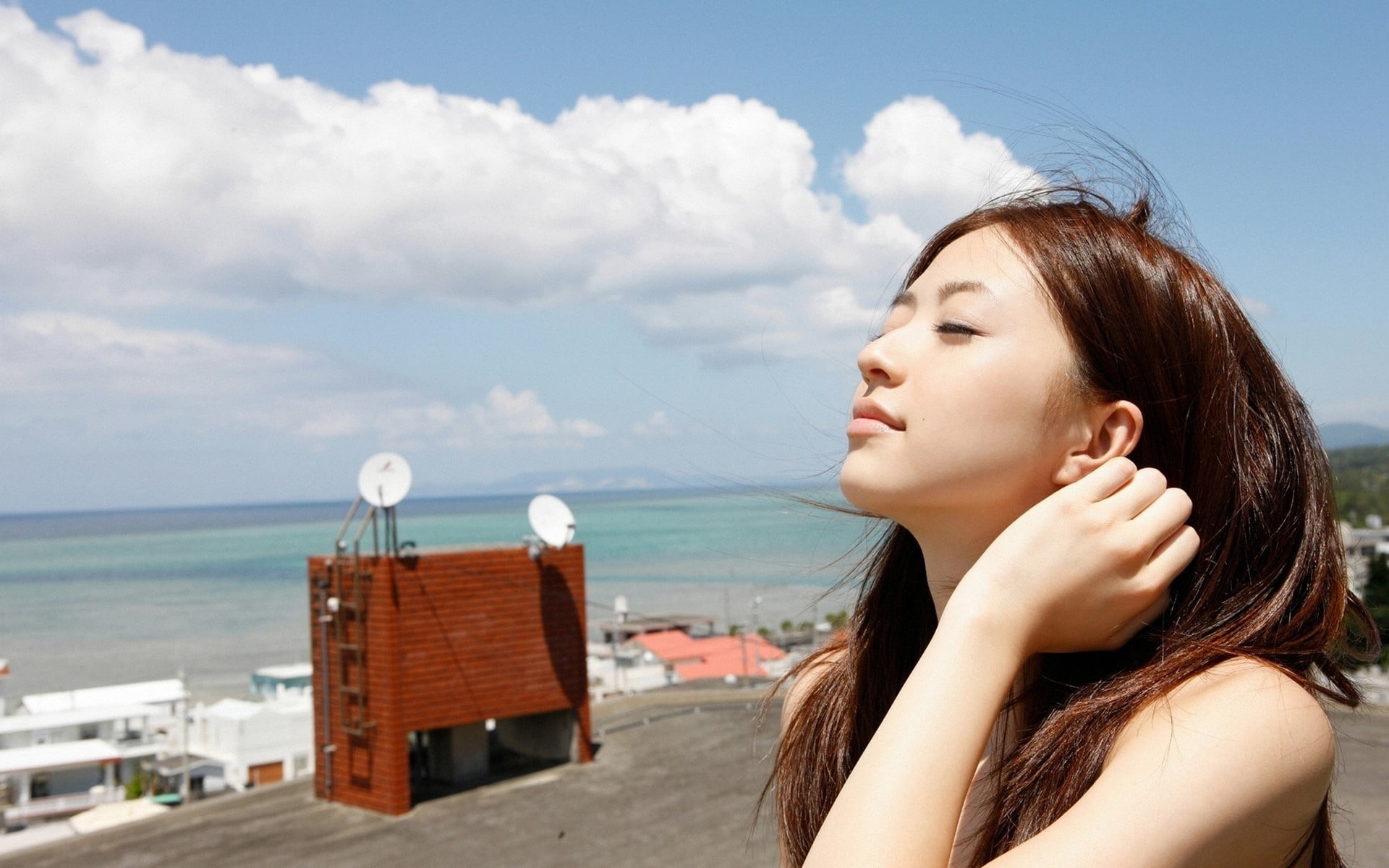 portrait, water, women outdoors, hair, real people, bare shoulders, clouds, cloud - sky, land, one person, closed eyes, day, headshot, sky, contemplation, HD Wallpaper