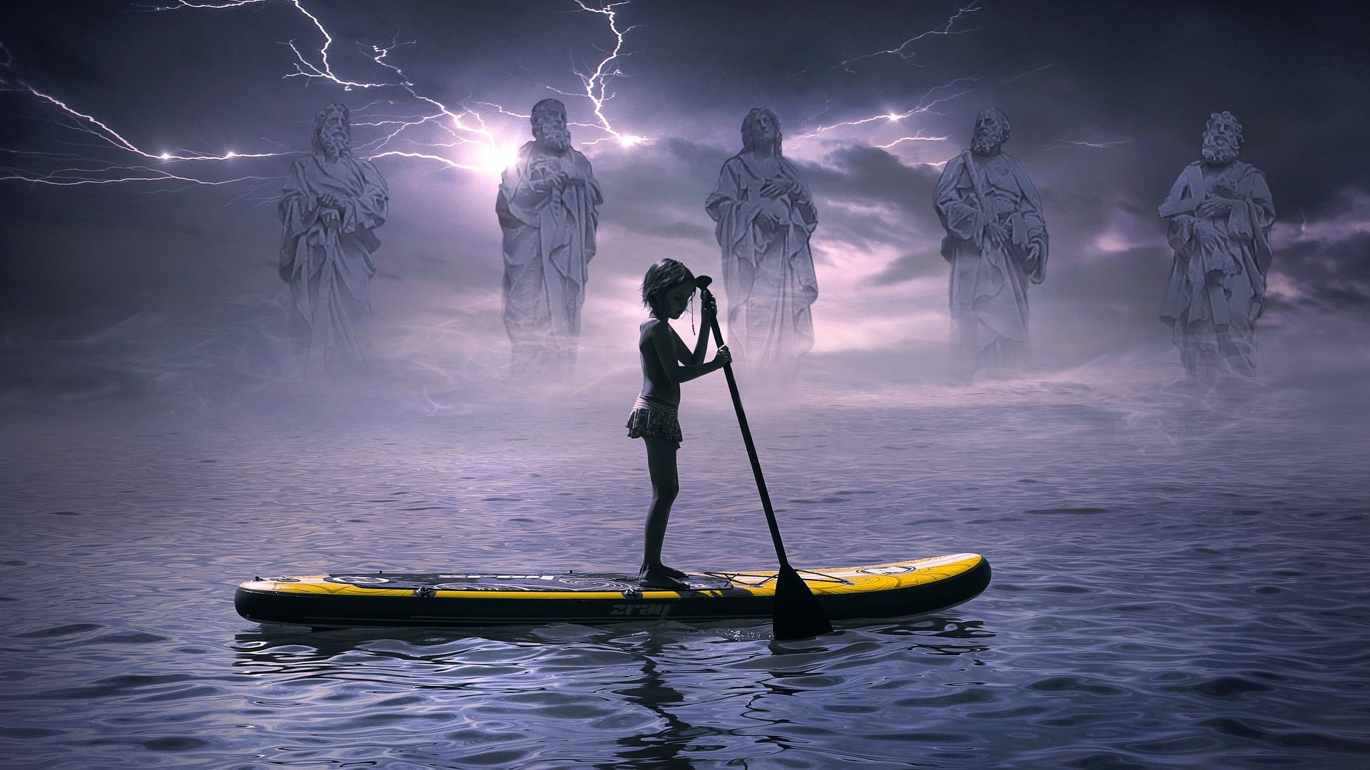 fantasy art, boat, infinity, adventure, 1080P, gods, paddle board, greek gods, statues, boy, spiritual, spirit, lighning, statue, god, spirits, HD Wallpaper