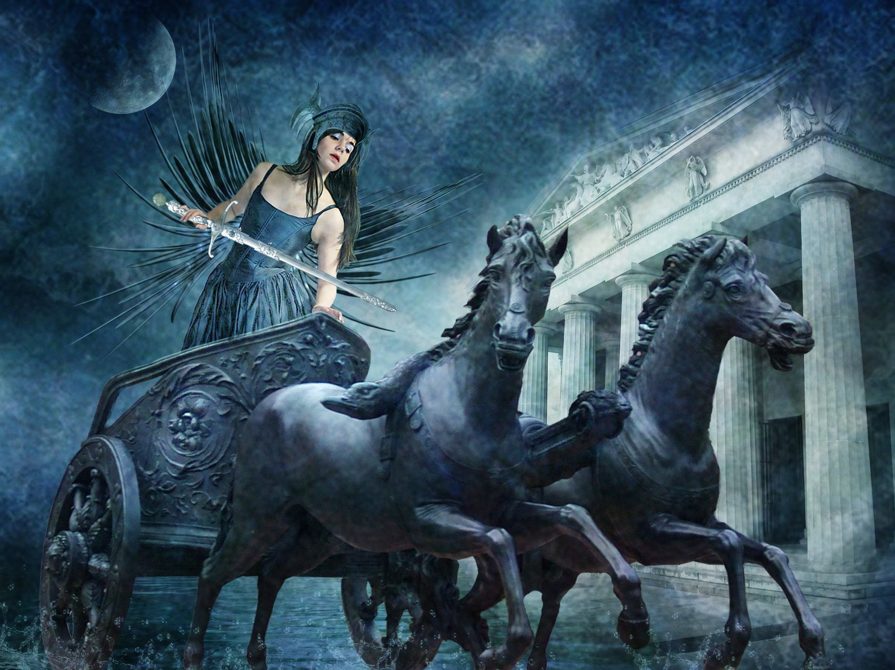 nature, 720P, art and craft, young women, Dark, people, emotion, Fantasy, adult, Gods, horse, females, Sword, women, Greek, beautiful woman, Goddess, Weapon, HD Wallpaper