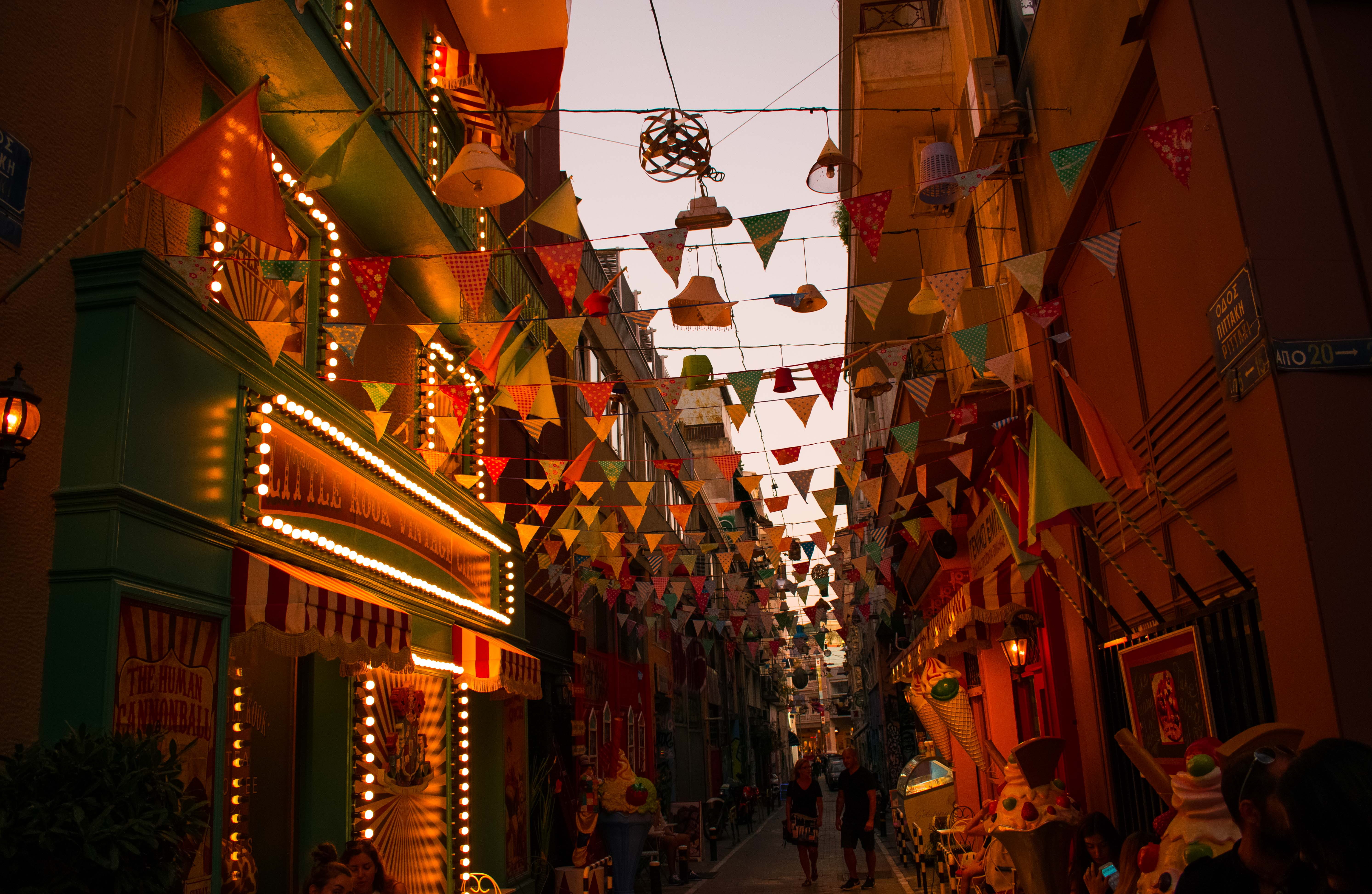 multi colored, athens, outdoors, low angle view, building exterior, 5K, live, little, no people, greece, narrow, city, decorations, streets, night, building, HD Wallpaper