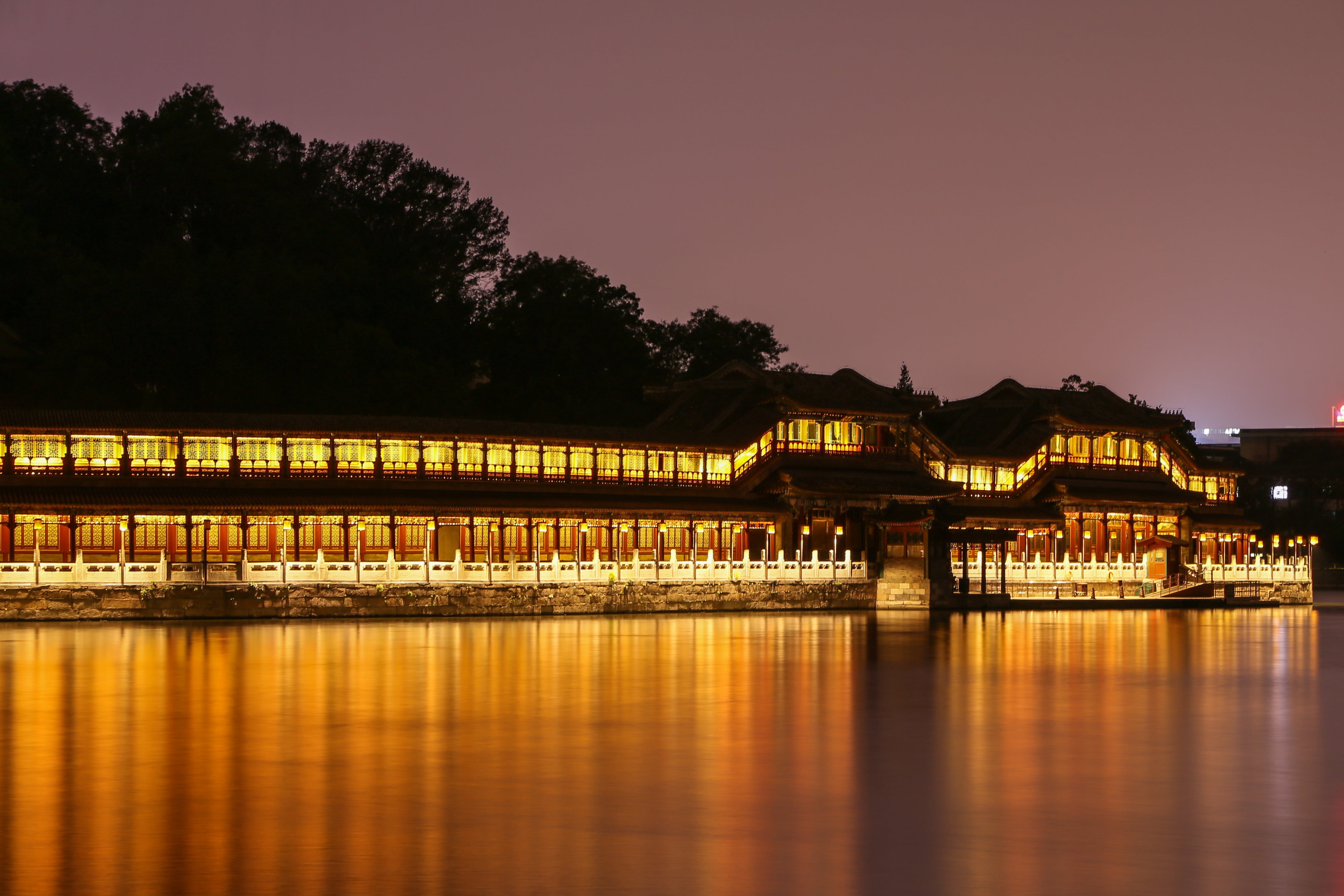 chinese lantern festival, nature, built structure, sky, place of worship, festival, no people, sunset, tree, 4K, dusk, water, light, illuminated, city, HD Wallpaper