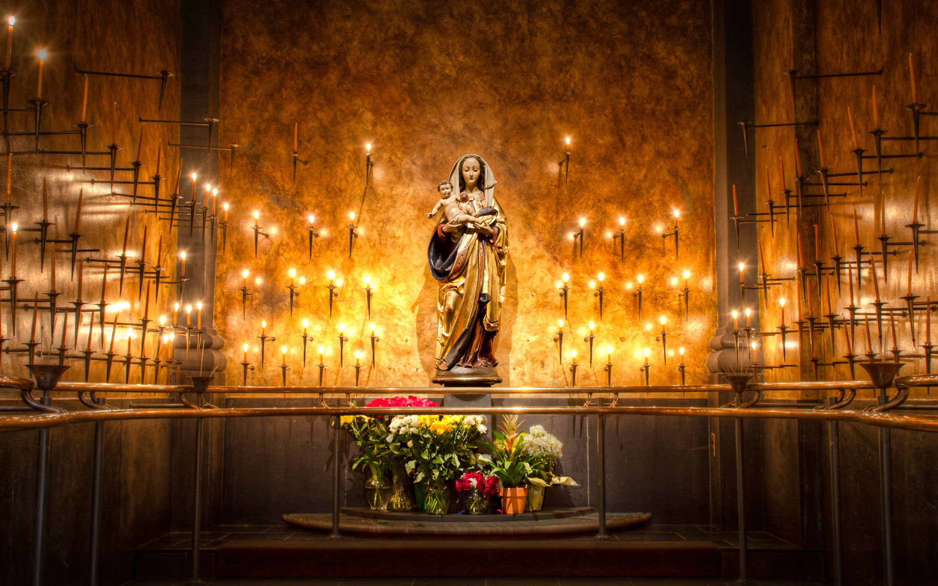 religion, mary, christian, room, candles, sopra, color, santa, cathilic, fire, maria, minerva, flowers, cathedral, architecture, babies, 1080P, jesus, HD Wallpaper