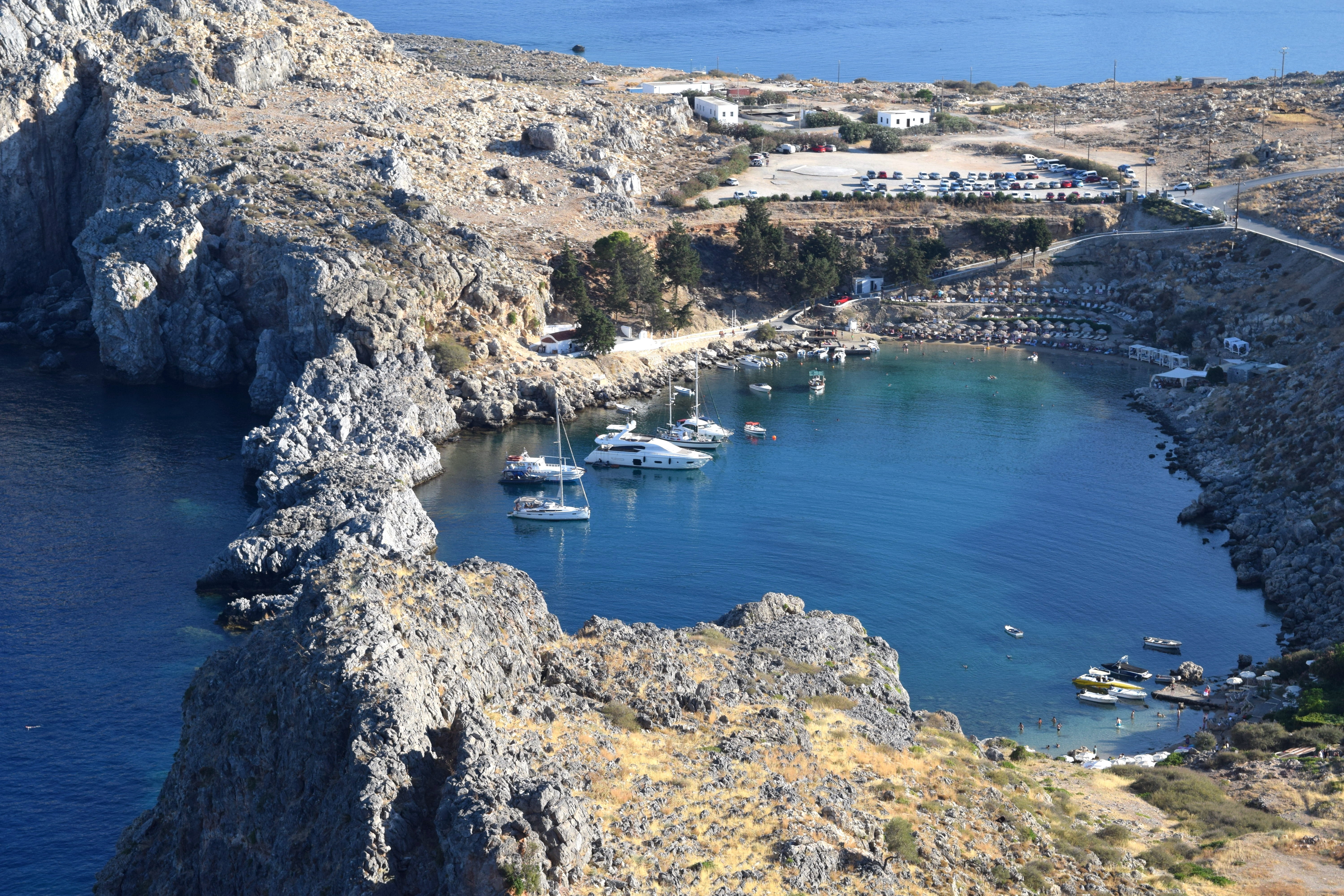 st pauls bay, sea, nature, mode of transportation, rock - object, rhodes, architecture, rock, plant, high angle view, 5K, water, building exterior, city, HD Wallpaper