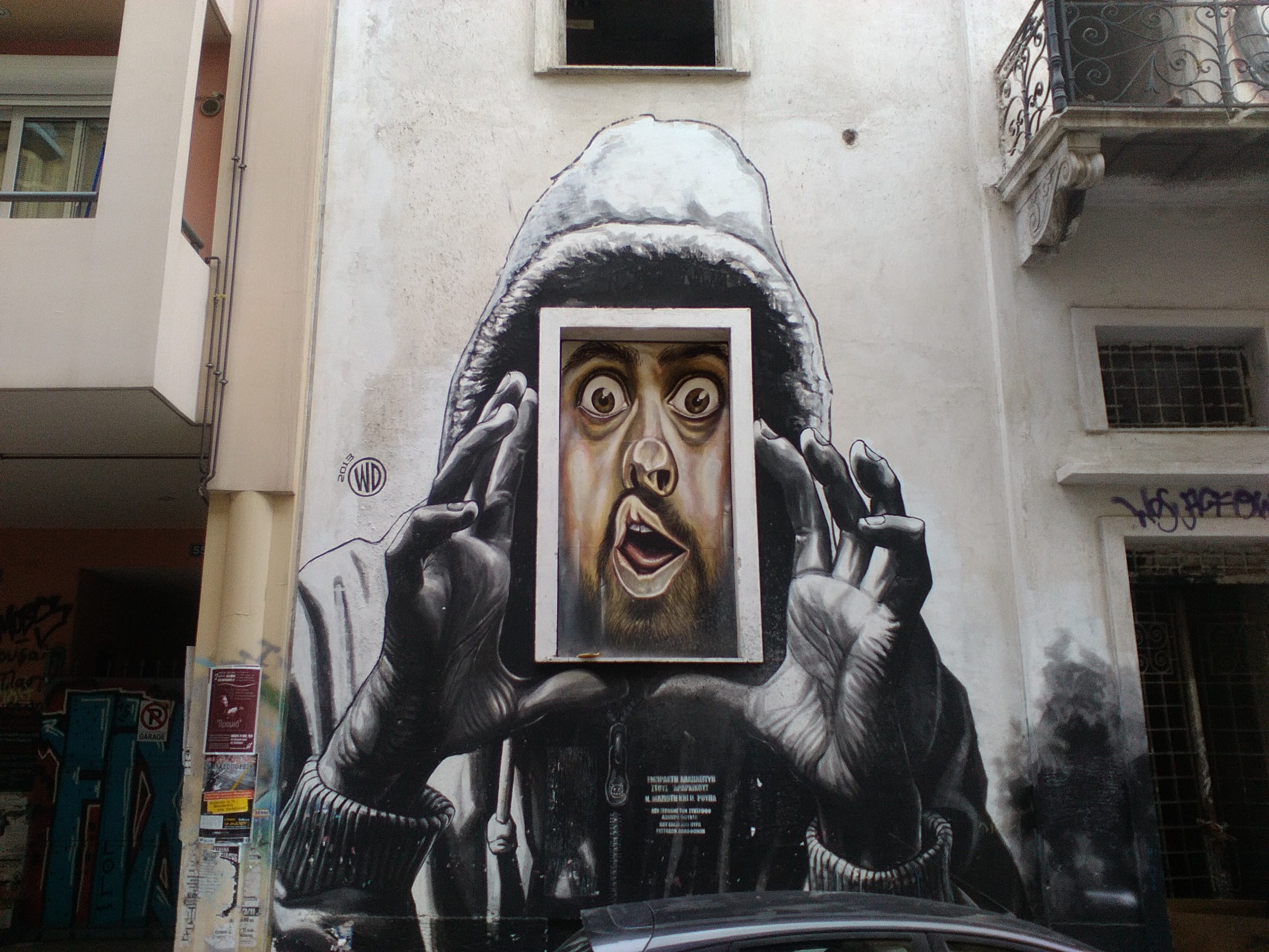 close-up, statue, greece, arachovis str., day, building exterior, graffiti, street art, 2K, built structure, athens, telephone, communication, architecture, HD Wallpaper