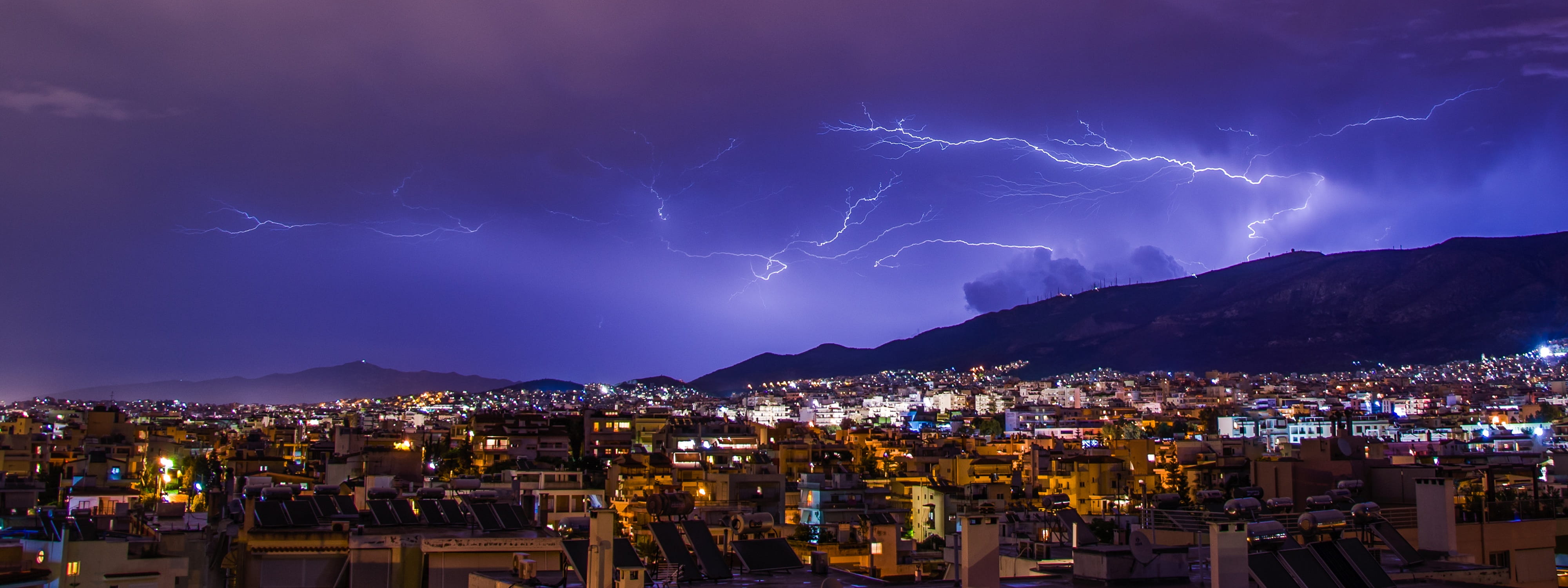 illuminated, cloud - sky, outdoors, dusk, weather, mountain, Athens, travel destinations, Storm, built structure, photo, no people, cityscape, overlook, HD Wallpaper