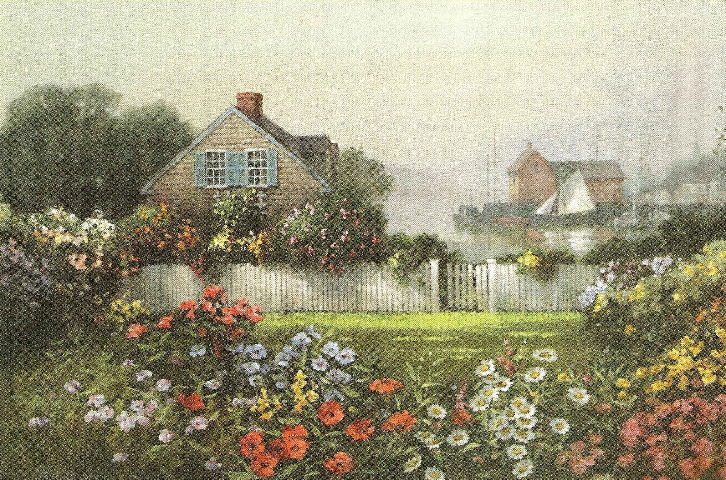 country, sweet, 1080P, cottage, near, house, assorted, flowers, gardens, animals, quaint, little, painting, HD Wallpaper