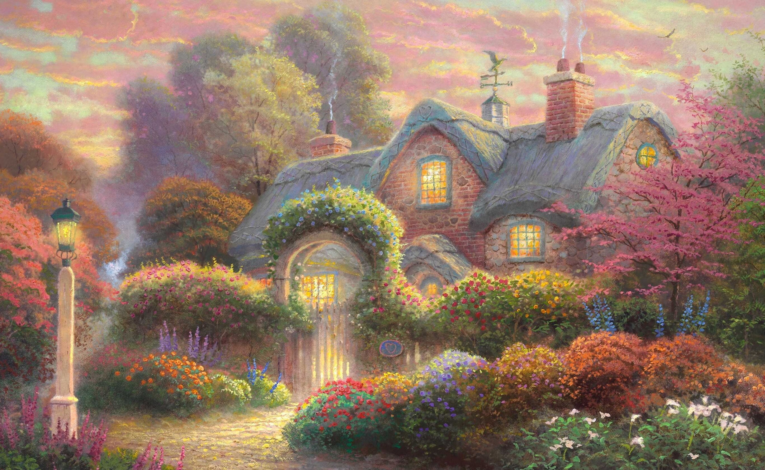 old, flower, the past, garden, building, Artistic, outdoors, Drawings, Fairytale, arch, day, Painting, growth, 2K, nature, house, autumn, ornamental garden, HD Wallpaper