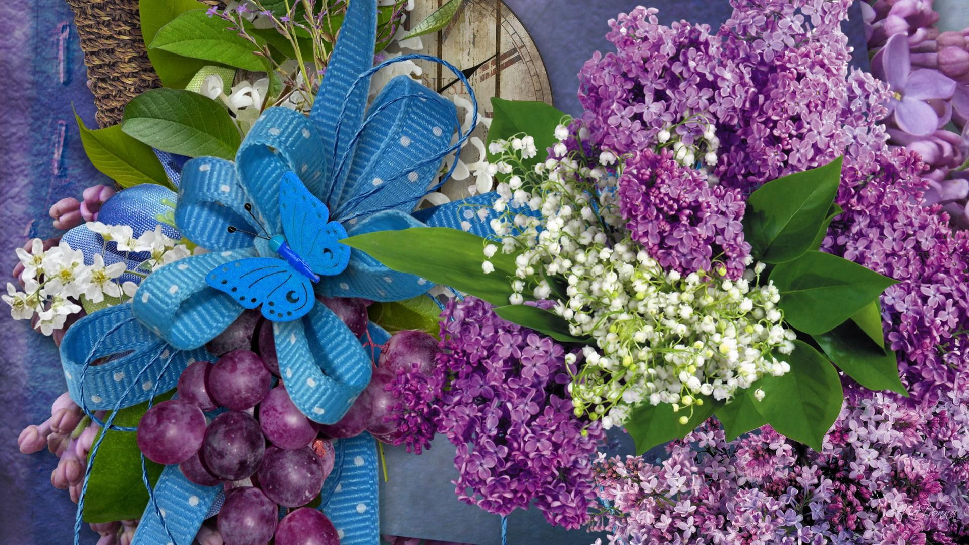 butterfly, blue ribbon, spring, lily of the valley, 3d and abstract, lilacs, firefox persona, 1080P, summer, lilac, HD Wallpaper