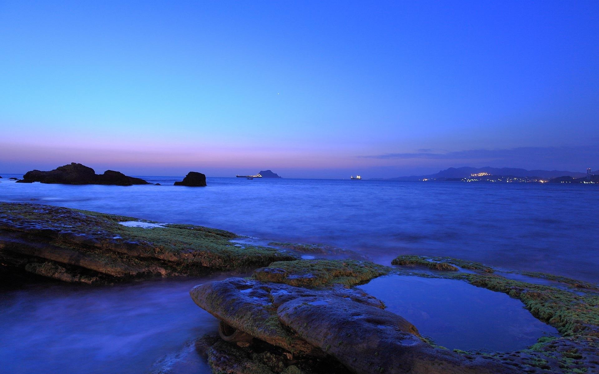 sea, oceans, sunsets, lilac, 1080P, nature and landscapes, sundown, sunset, twilight, blue, dusk, HD Wallpaper