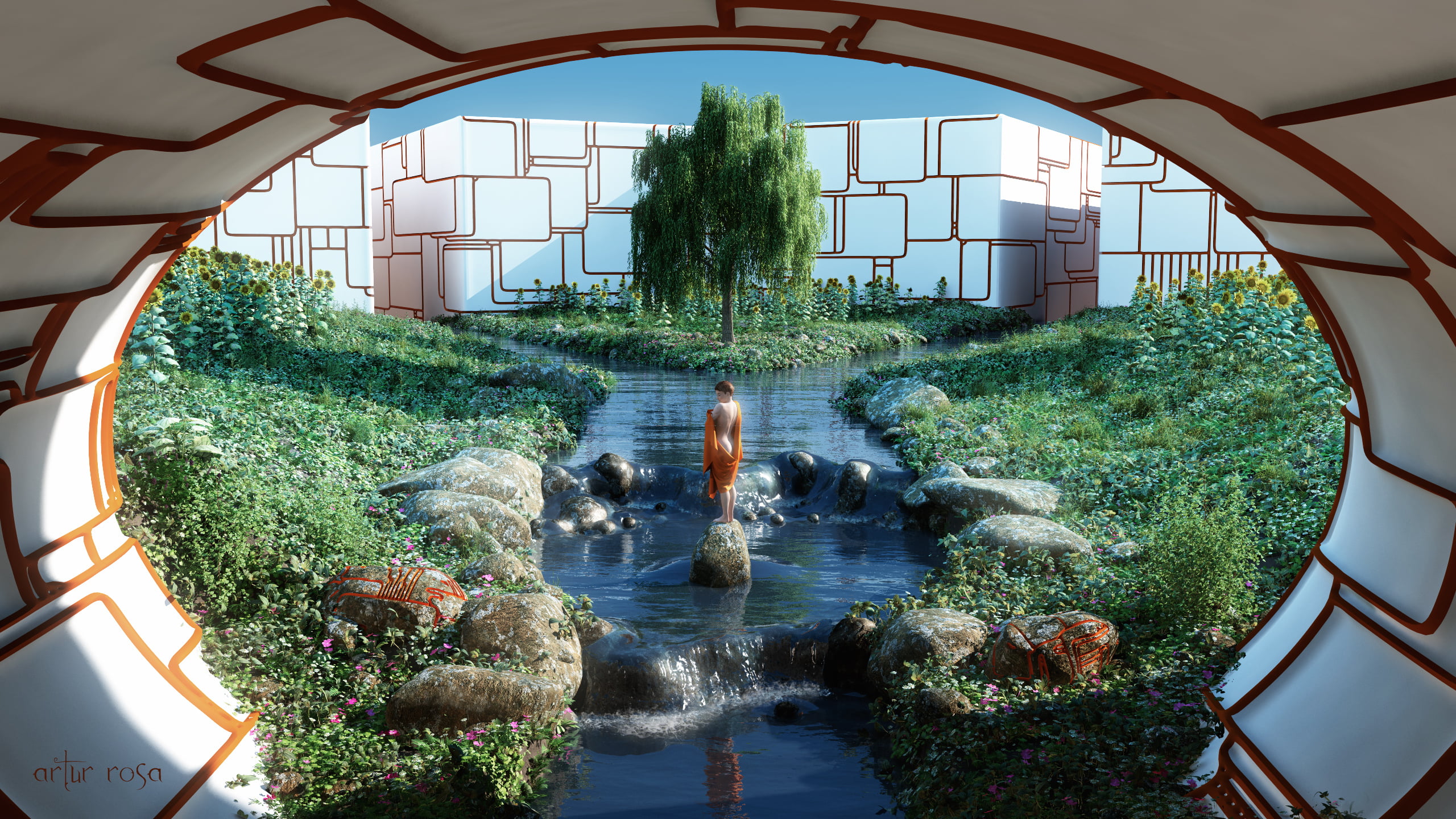 stones, architecture, growth, arch, line, day, fabric, grass, orange, s, fountain, building exterior, lake, flowers, 2K, nature, the tunnel, plant, water, HD Wallpaper