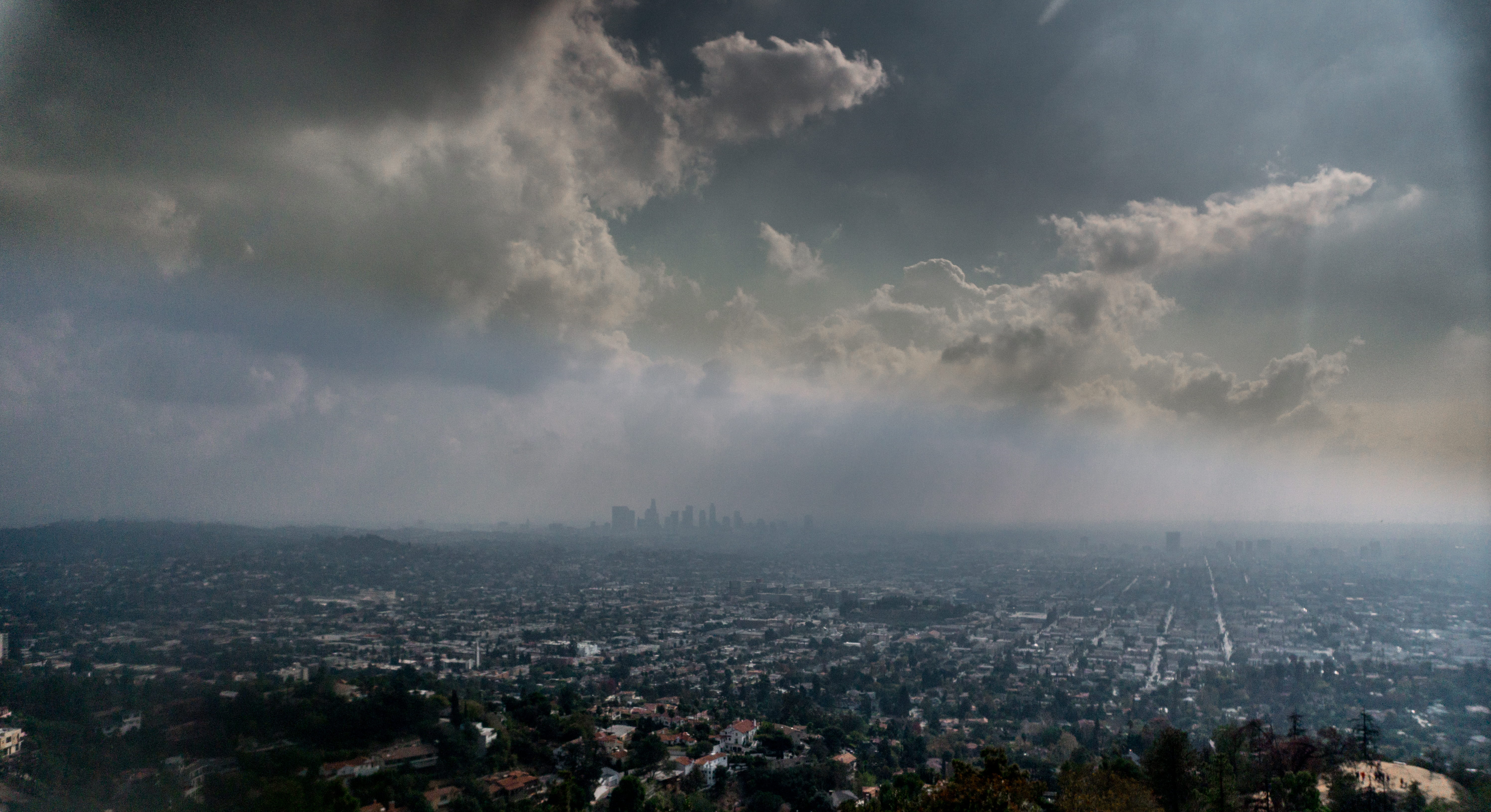 crowded, ominous, stormy, 5K, losangeles, built structure, cloud - sky, united states, cityscape, outdoors, air pollution, cloudy, building, aerial view, HD Wallpaper
