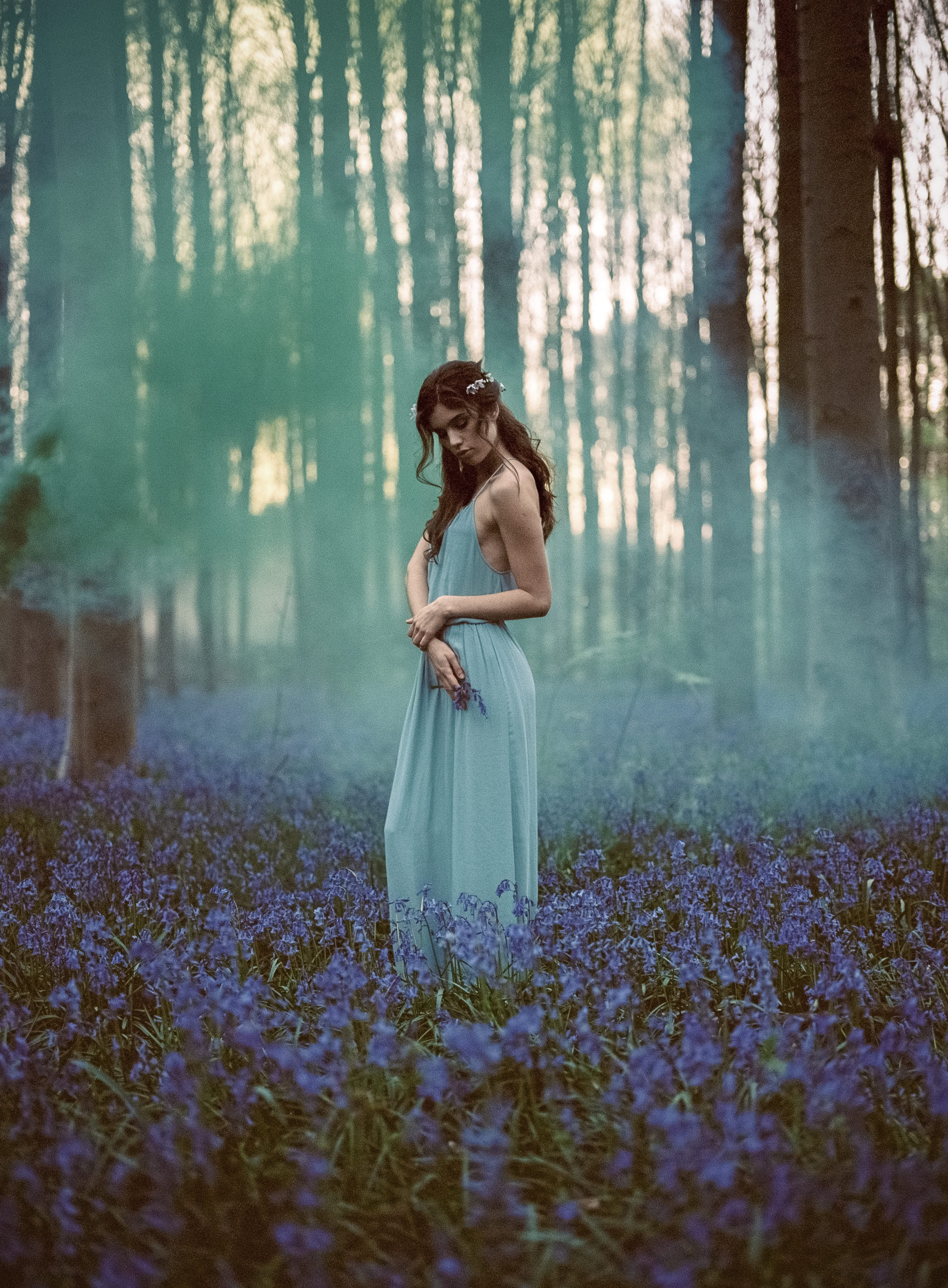 field, tree, spaghetti, fashion, land, nature, lifestyles, young adult, blue, strap, women, forest, beauty, smoke, holding, petaled, 4K, brunette, flowers, Phone HD Wallpaper