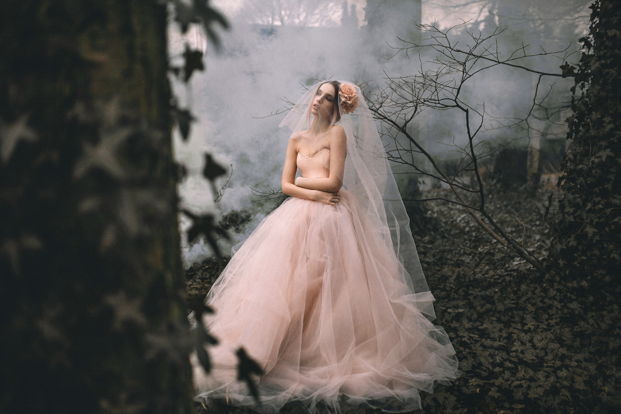 girl, Rosie Hardy, 1080P, Lauren Hall Worth, dress, forest, HD Wallpaper