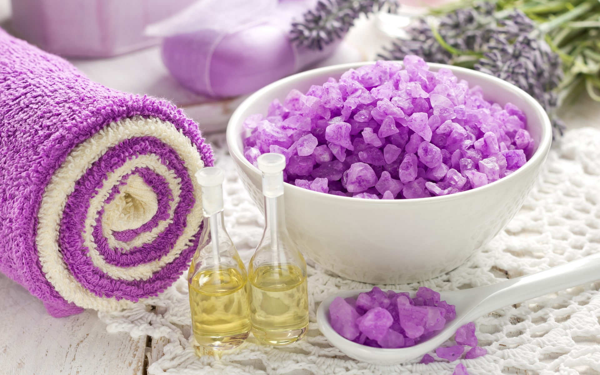 oil, spa, bow, bubbles, soap, lavender, 1080P, salt, saucer, HD Wallpaper