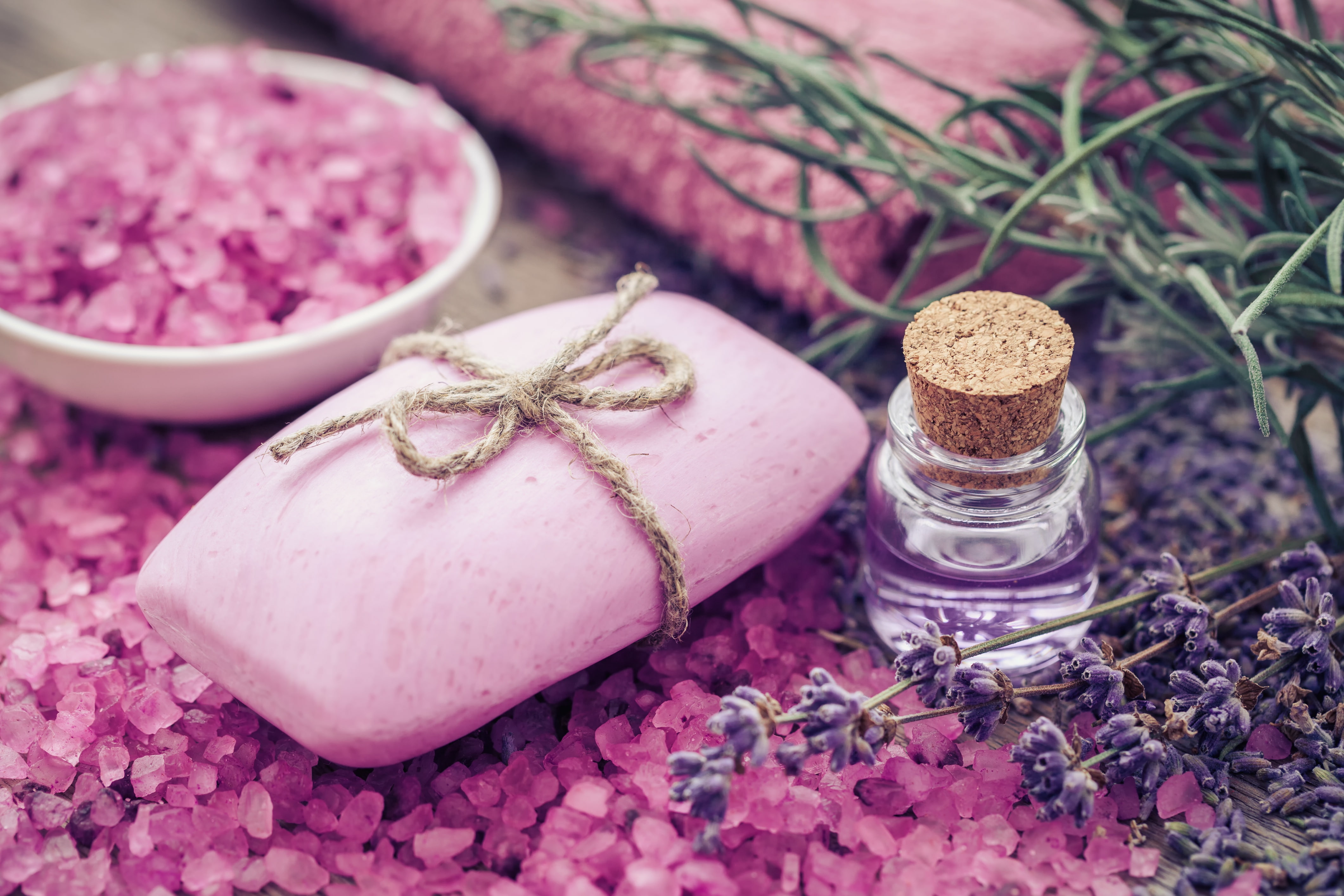 salt, pink, spa, 4K, oil, lavender, soap, HD Wallpaper