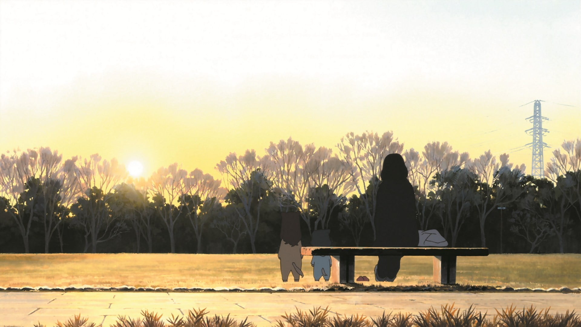 Wolf Children, bench, silhouette, sky, outdoors, plant, land, people, character, sunset, field, front, mammal, rear view, women, 1080P, lifestyles, HD Wallpaper