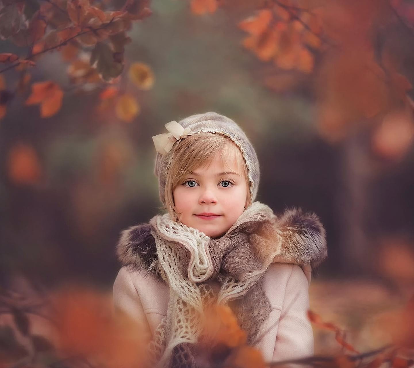 hat, looking at camera, innocence, hair, leaf, change, clothing, child, one person, autumn, hairstyle, warm clothing, winter, 720P, cute, headshot, children, HD Wallpaper