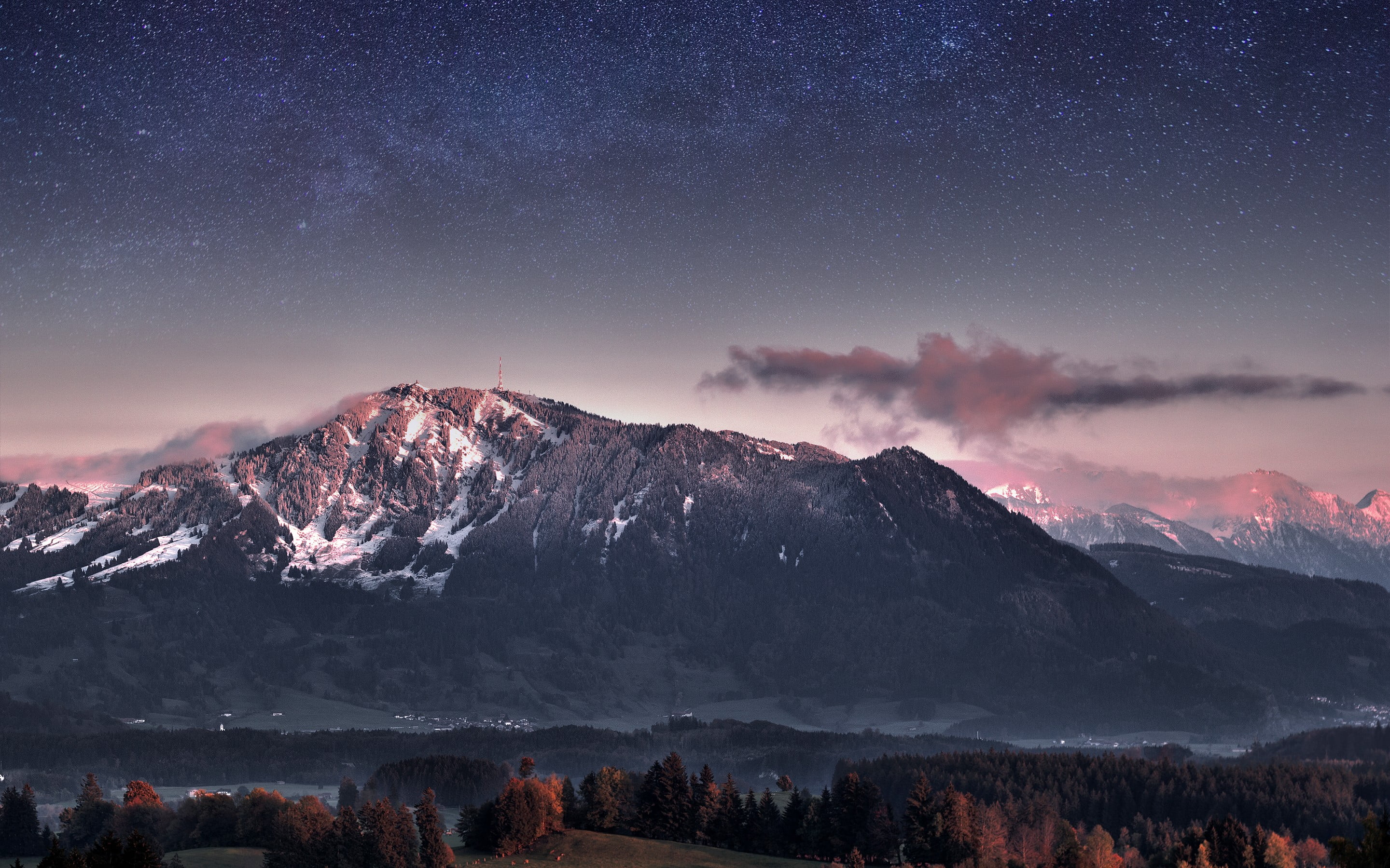 mountain, snowcapped mountain, 2K, covered, tranquil scene, tranquility, sky, outdoors, forest, mountains, nature, space, landscape, space and astronomy, HD Wallpaper