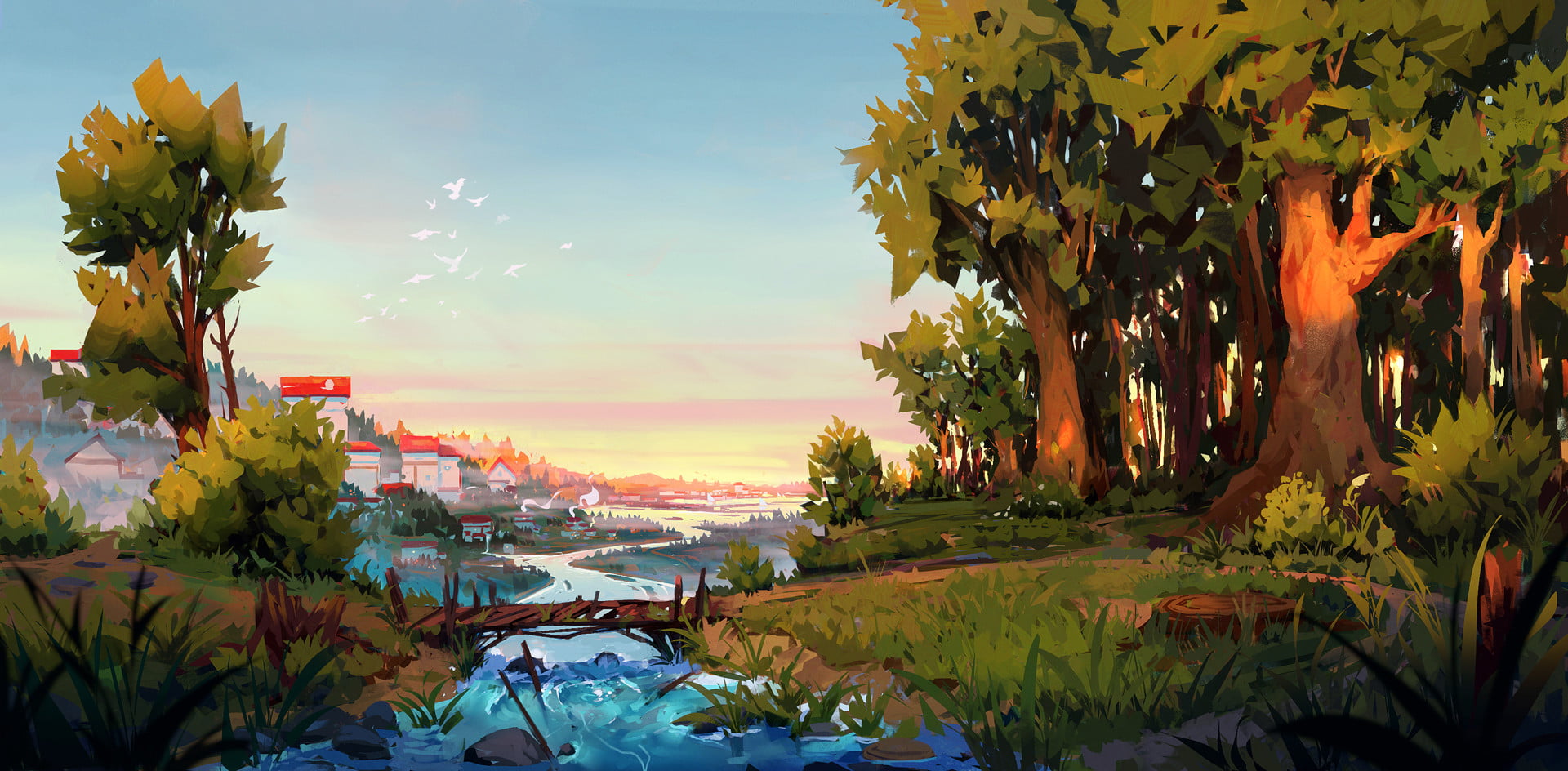 river, nature, Denis Istomin, forest, digital art, trees, artwork, 1080P, HD Wallpaper