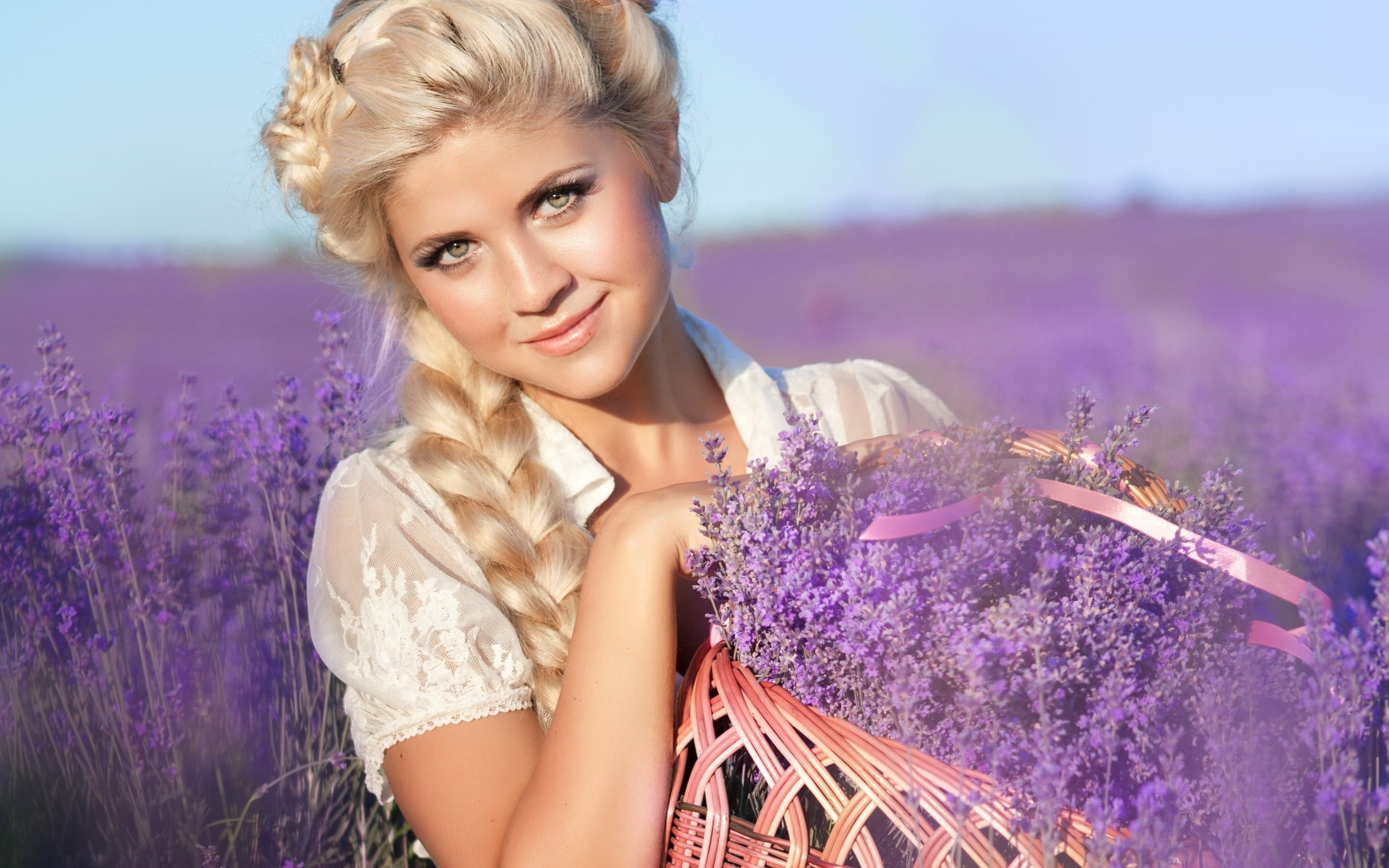 women, blonde, flowers, lavender, baskets, 2K, dress, sofia andreevna, HD Wallpaper