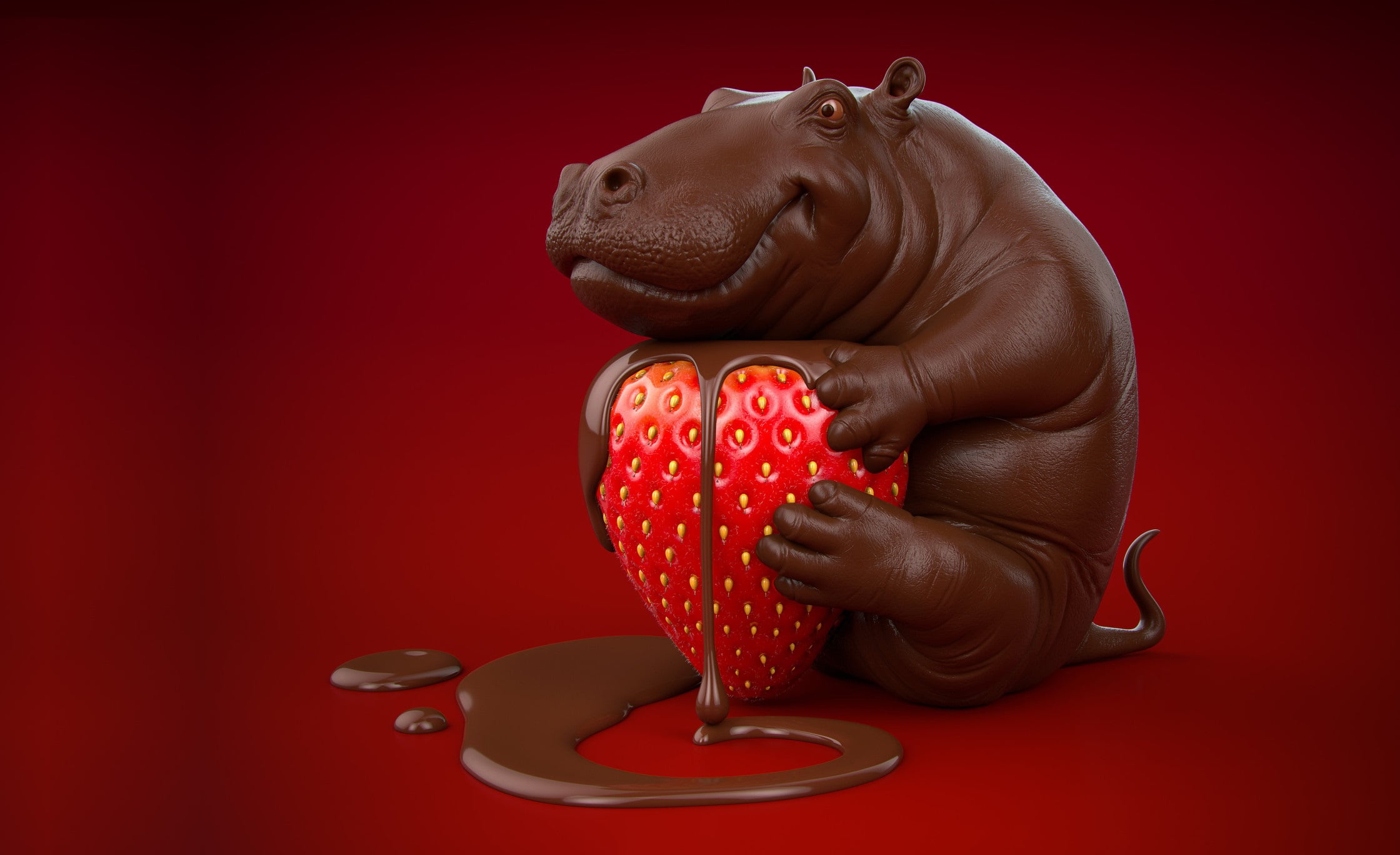 food, 1080P, yummy, the sweetness, berry, Chocolate hippo, Victoria, chocolate, mood, rendering, Kappl, Jirka Krivanek, Hippo, strawberry, HD Wallpaper