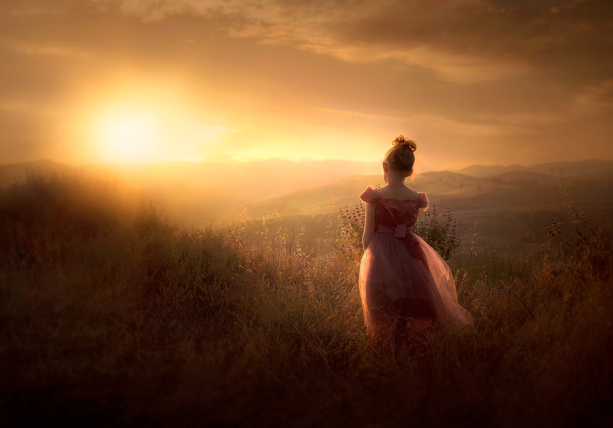 Jessica Drossin, Sun, children, field, flowers, nature, dress, clouds, sky, blonde, warm light, young woman, warm, 1080P, vignette, landscape, sunset, HD Wallpaper