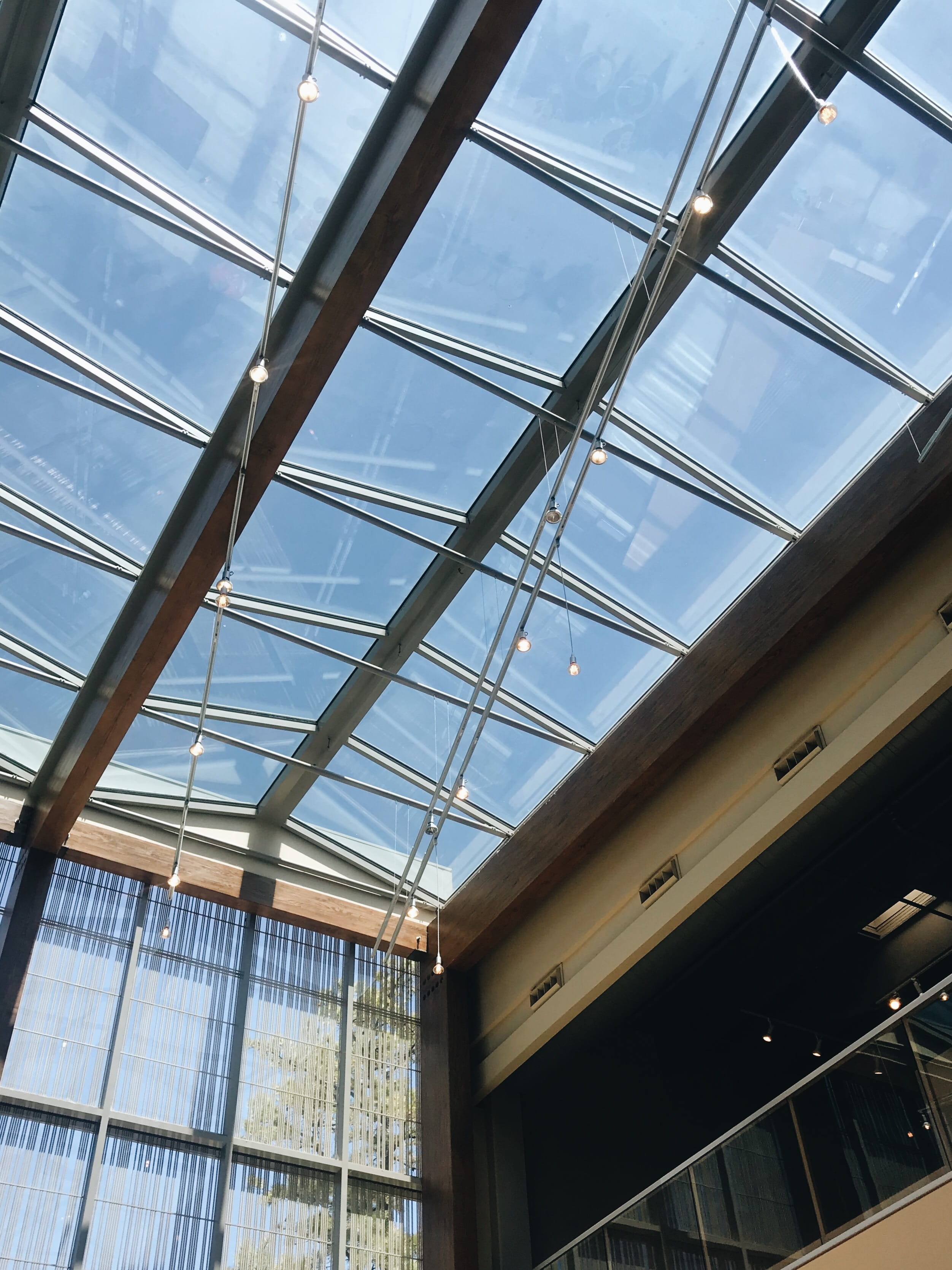 glass - material, built structure, indoors, roof, lights, roof beam, sky, natural light, skylight, nature, entry, building, hanging, up, pattern, childrens, Phone HD Wallpaper