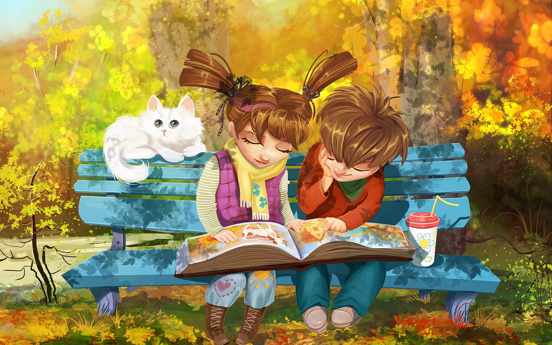outdoors, yellow, domestic, domestic animals, book, child, canine, girls, sitting, autumn, women, boy, 1080P, copil, dog, friendship, :-), children, pisici, HD Wallpaper