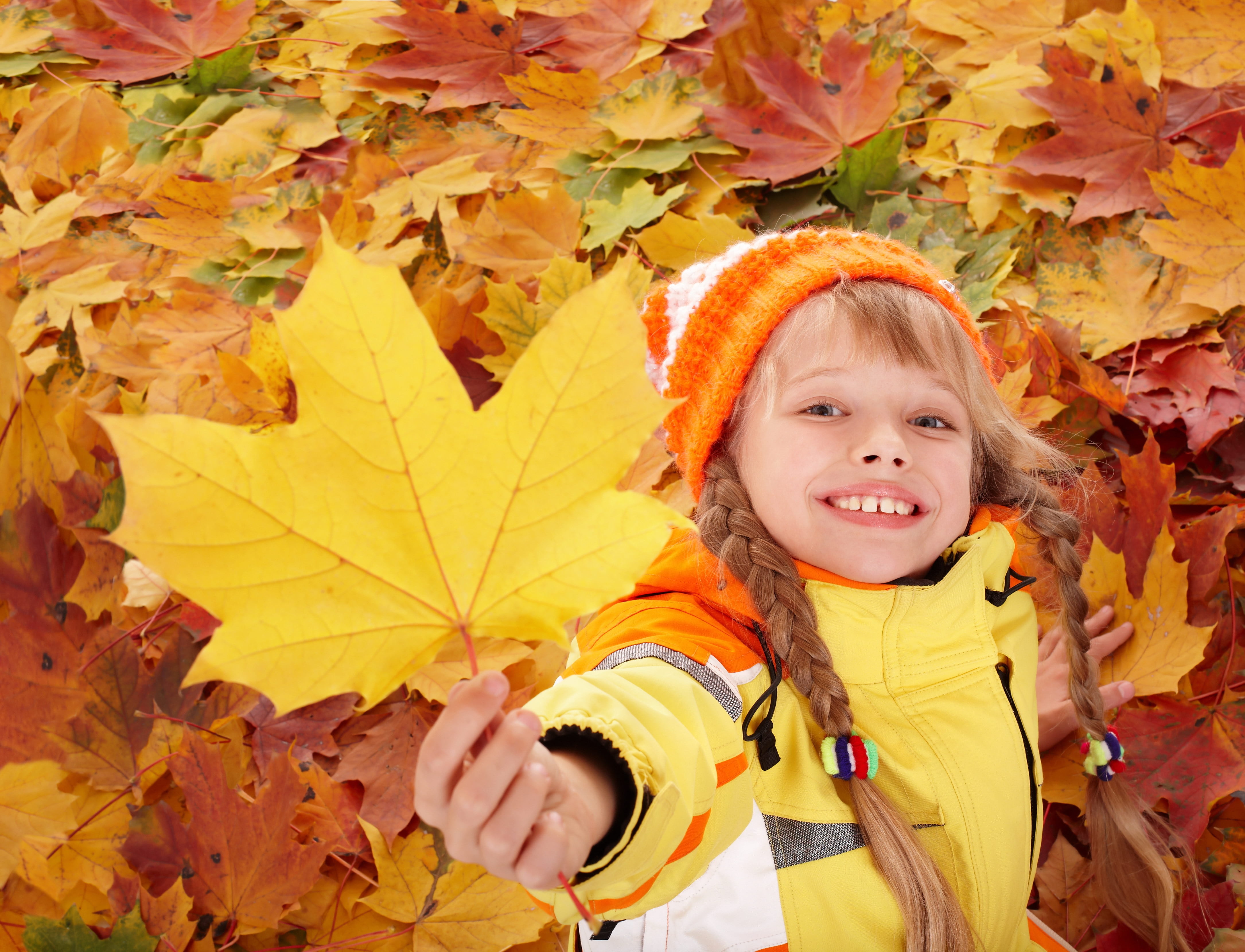 multi Colored, 4K, orange, happiness, lifestyles, fun, tree, leaf, hat, maple Tree, people, change, maple, girls, preschool Age, autumn, red, smile, smiling, HD Wallpaper