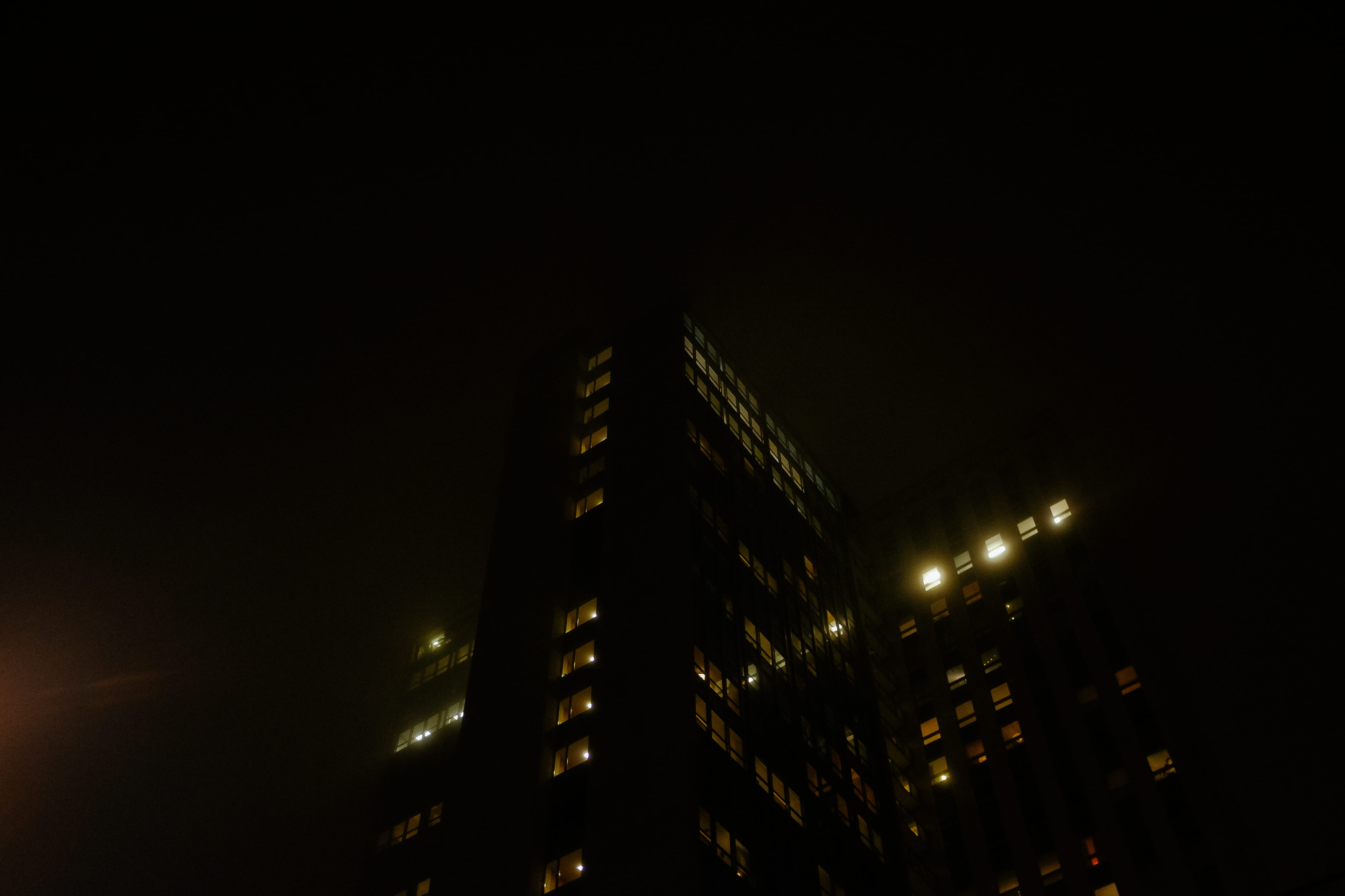 light, building, fog, sweden, copy space, dark, lights, apartments, nature, outdoors, 4K, office, perspective, financial district, sky, life, architecture, HD Wallpaper