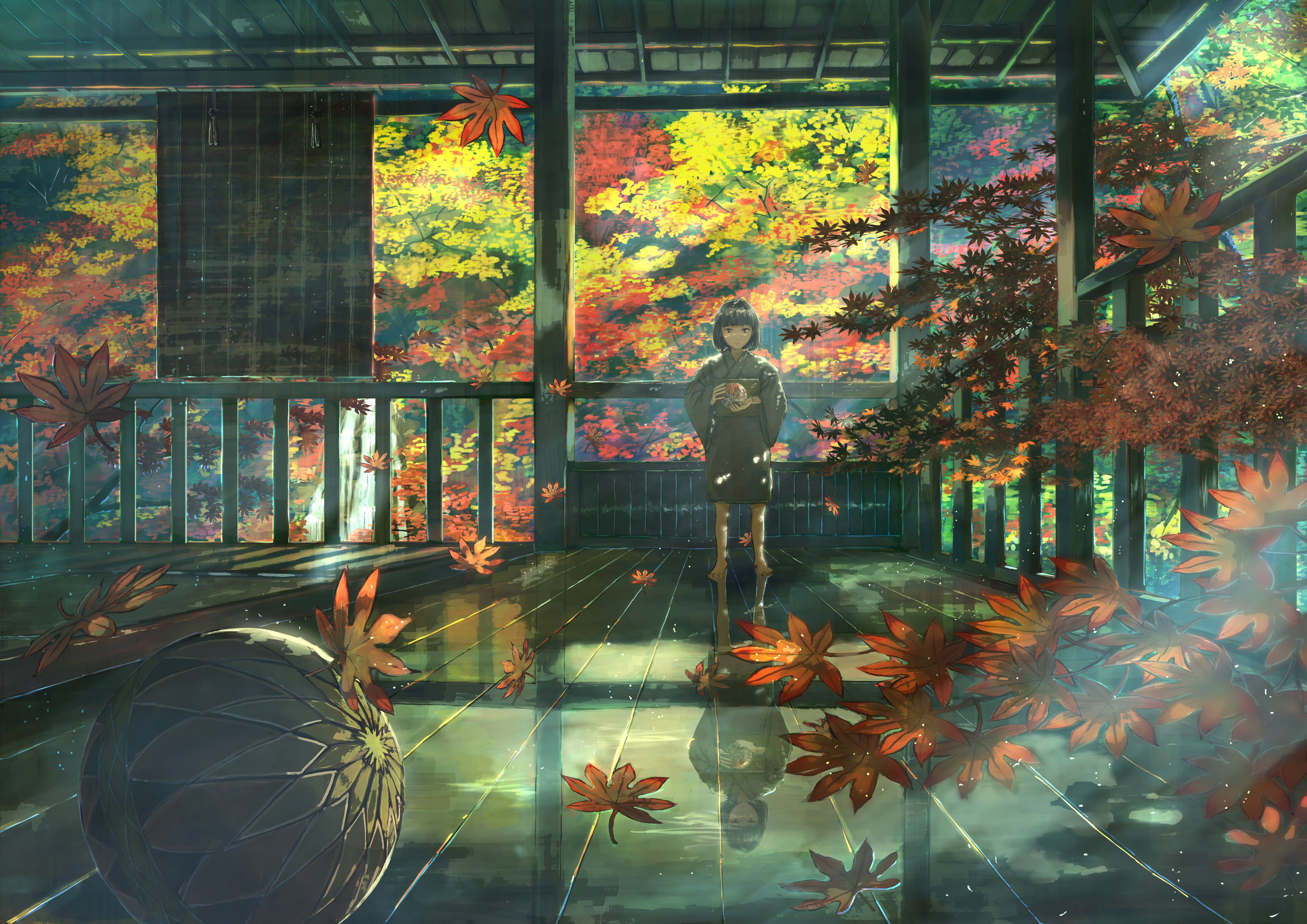 4K, anime, Sakurainu, standing, artwork, digital art, original characters, kimono, illustration, ball, reflection, fall, trees, anime girls, leaves, drawing, HD Wallpaper
