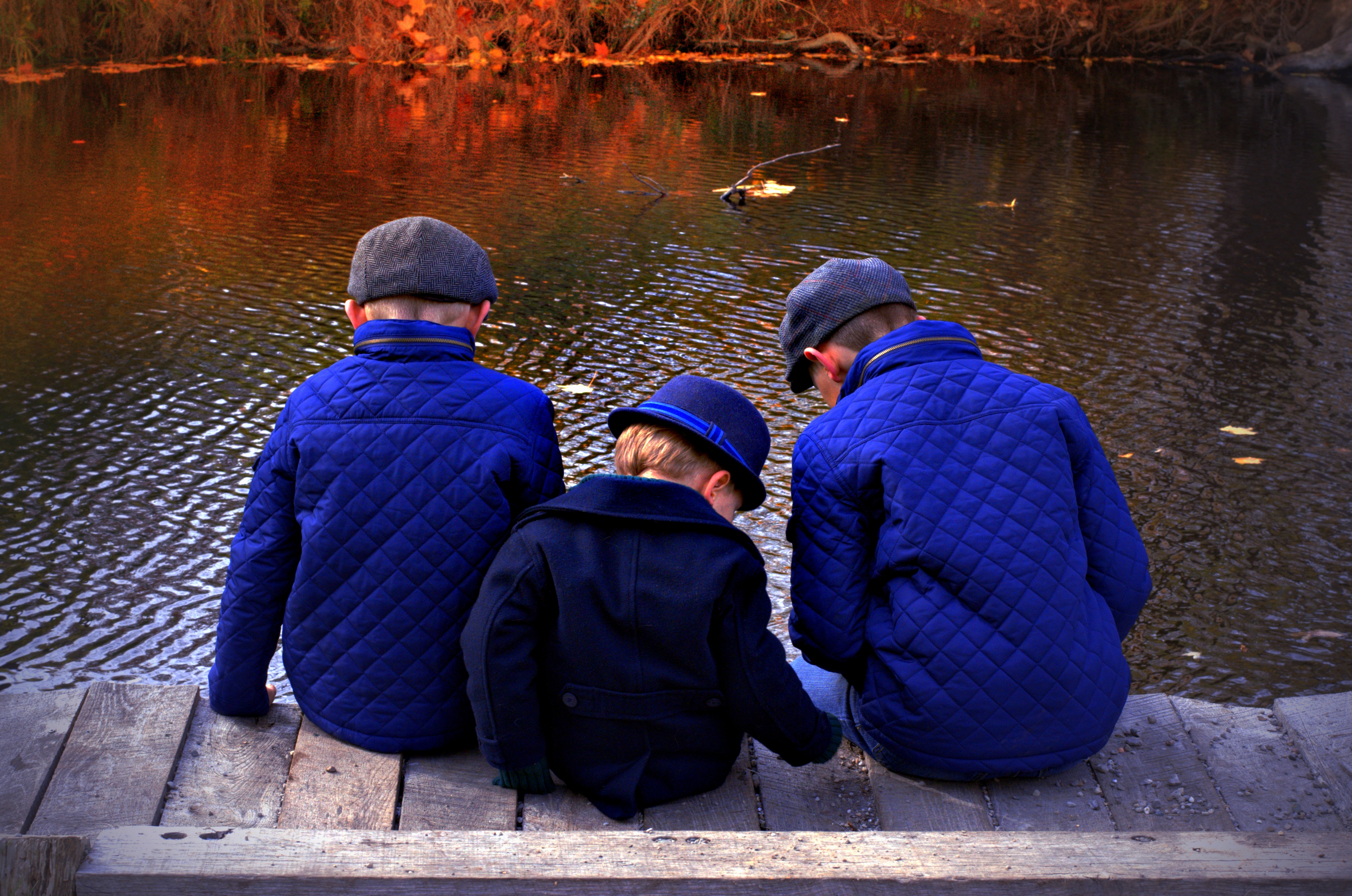 child, children, happy, hat, group of people, boardwalk, fun, autumn, season, clothing, cute, son, play, lake, three, brothers, water, together, real people, HD Wallpaper