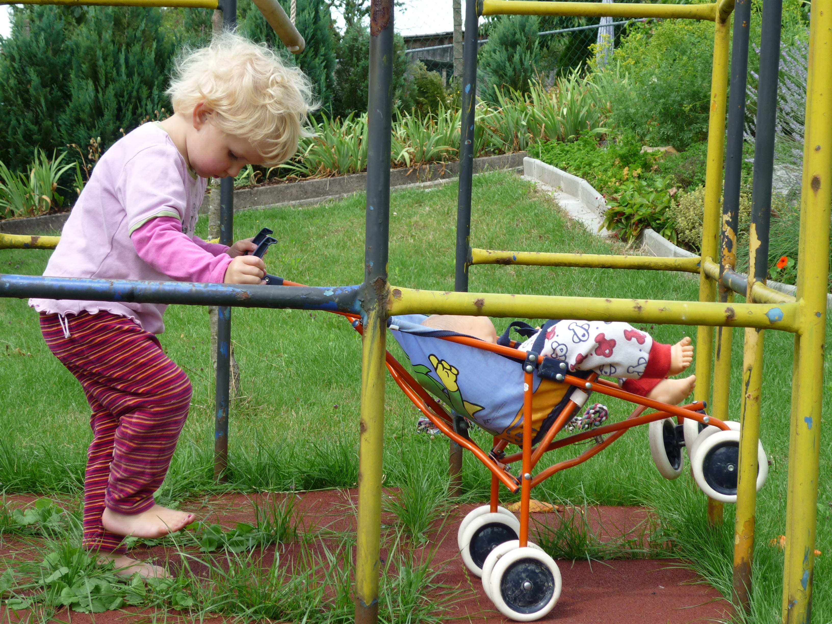 real people, side view, summer, human, playground, small child, garden, daughter, klettergerüst, play, doll prams, smile, women, blond hair, plant, 2K, HD Wallpaper
