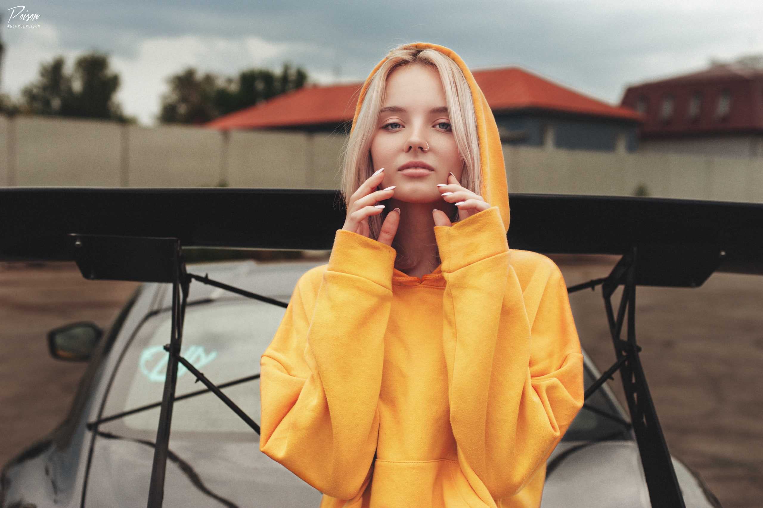 sweater, chair, looking, front view, 2K, women, blonde, real people, lifestyles, one person, young adult, hoods, women with cars, leisure activity, seat, HD Wallpaper