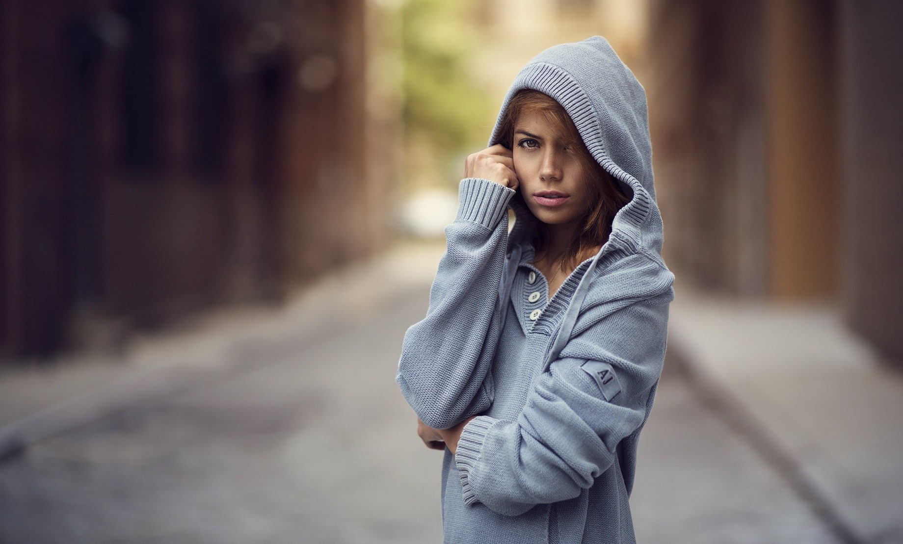 women outdoors, Dani Diamond, brunette, women, stephanie, looking at viewer, hoods, blue sweater, 720P, HD Wallpaper