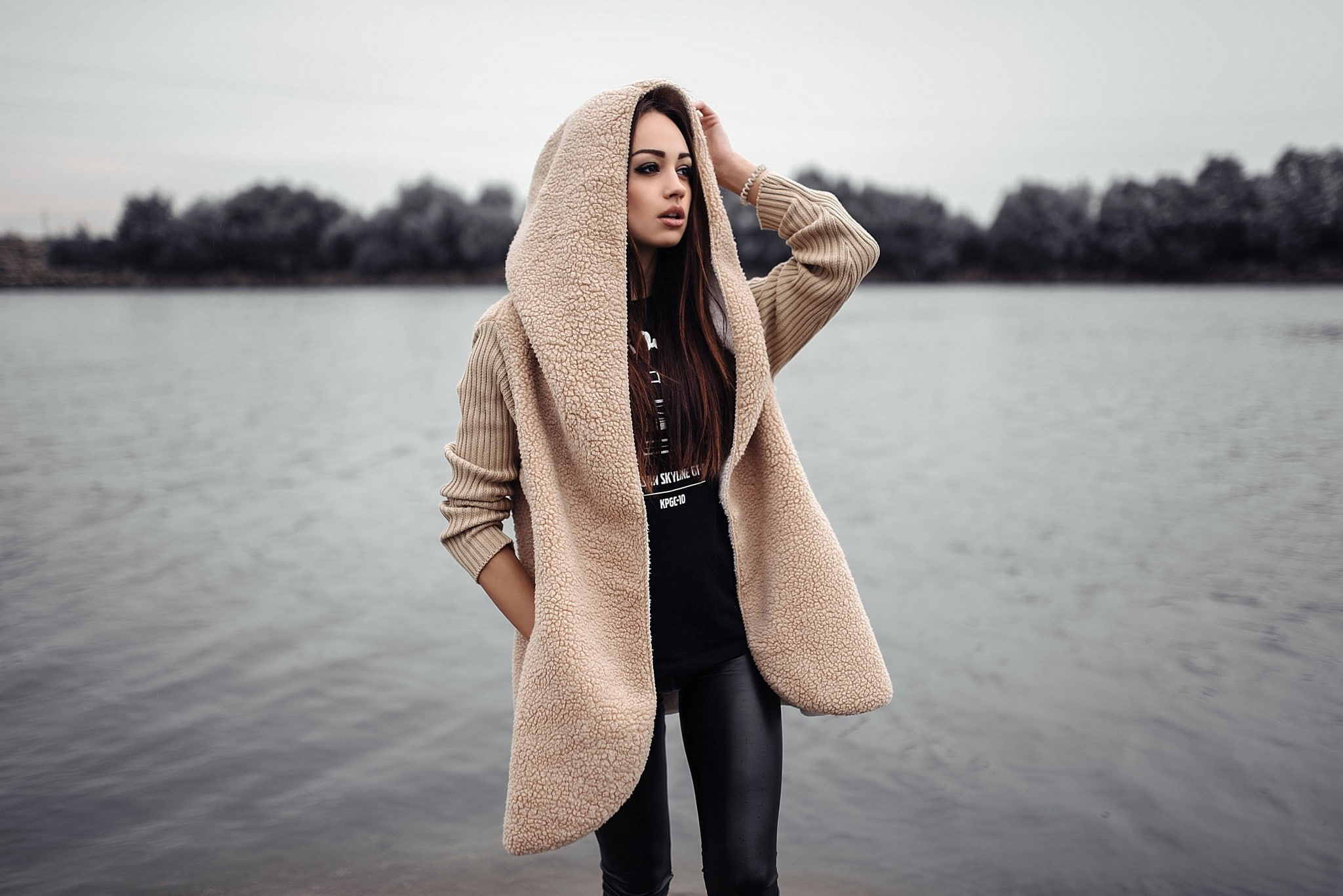 brown eyes, hoods, river, long hair, sweater, portrait, women, brunette, looking away, 1080P, HD Wallpaper