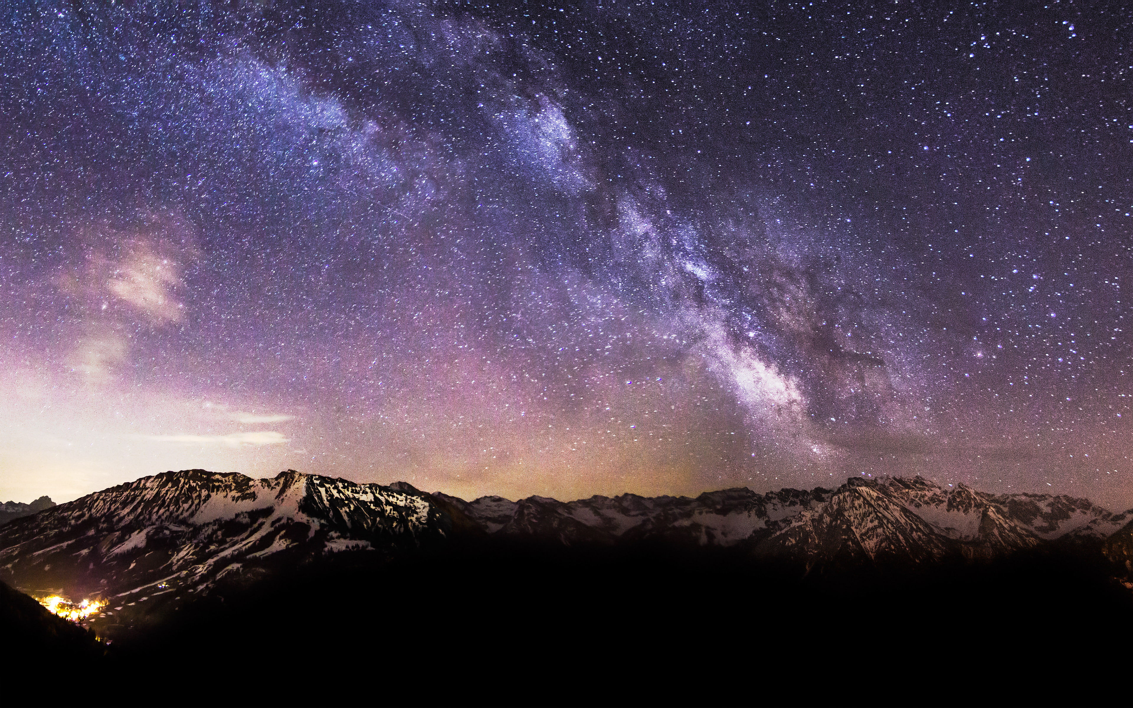 beauty in nature, winter, 4K, snowcapped mountain, nightsky, astronomy, citylights, scenics - nature, photography, mountain peak, majestic, mountains, HD Wallpaper