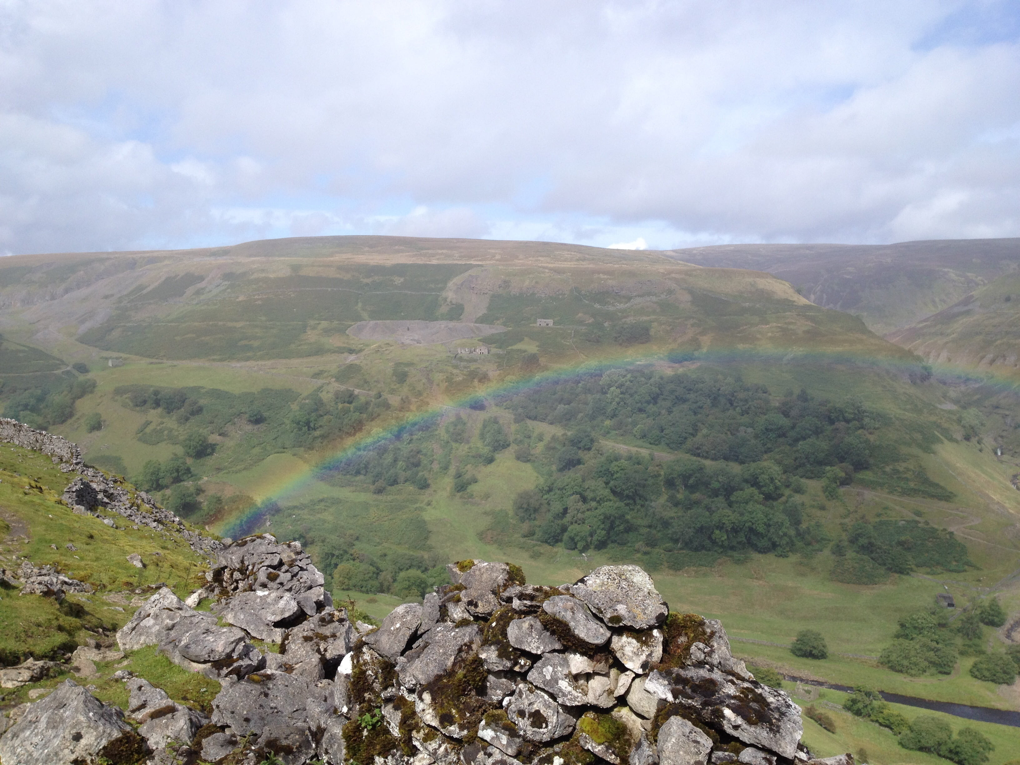 green, scenic, rock, landscape, swaledale, dales, tranquil scene, scenics, mountain, rainbow, cloud - sky, yorkshire, muker, rock - object, land, nature, HD Wallpaper